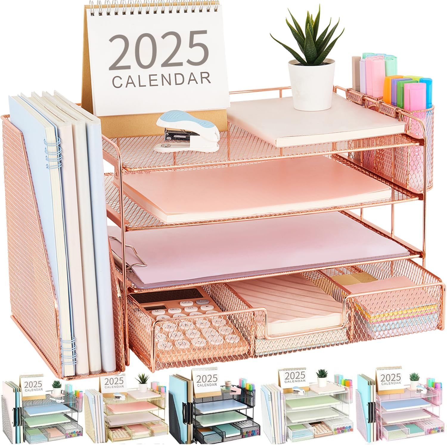 Rose Gold 4-Tier Metal Mesh Desk Organizer with Drawer and Pen Holders