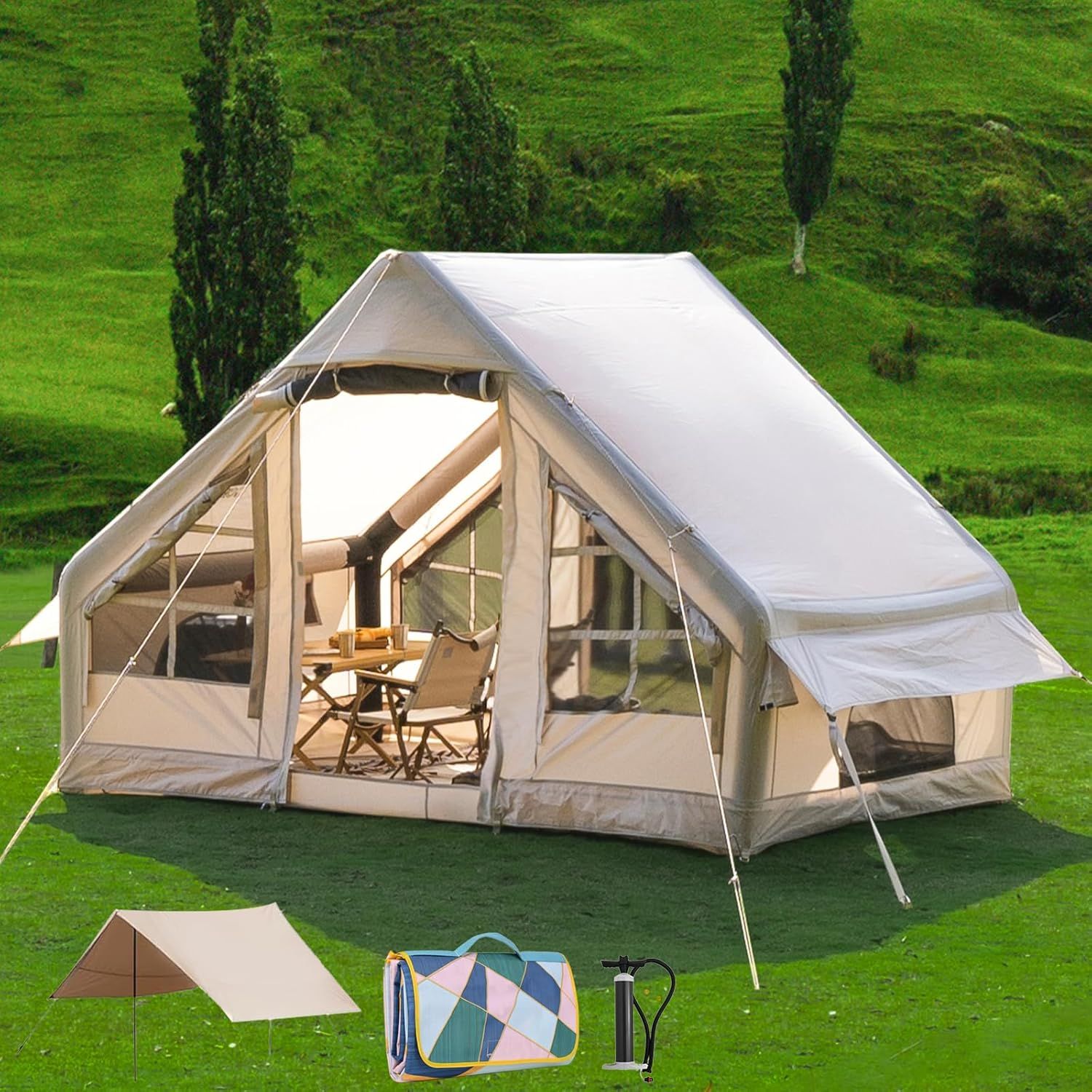 6-Person Beige Inflatable Cabin Tent with Carry Bag