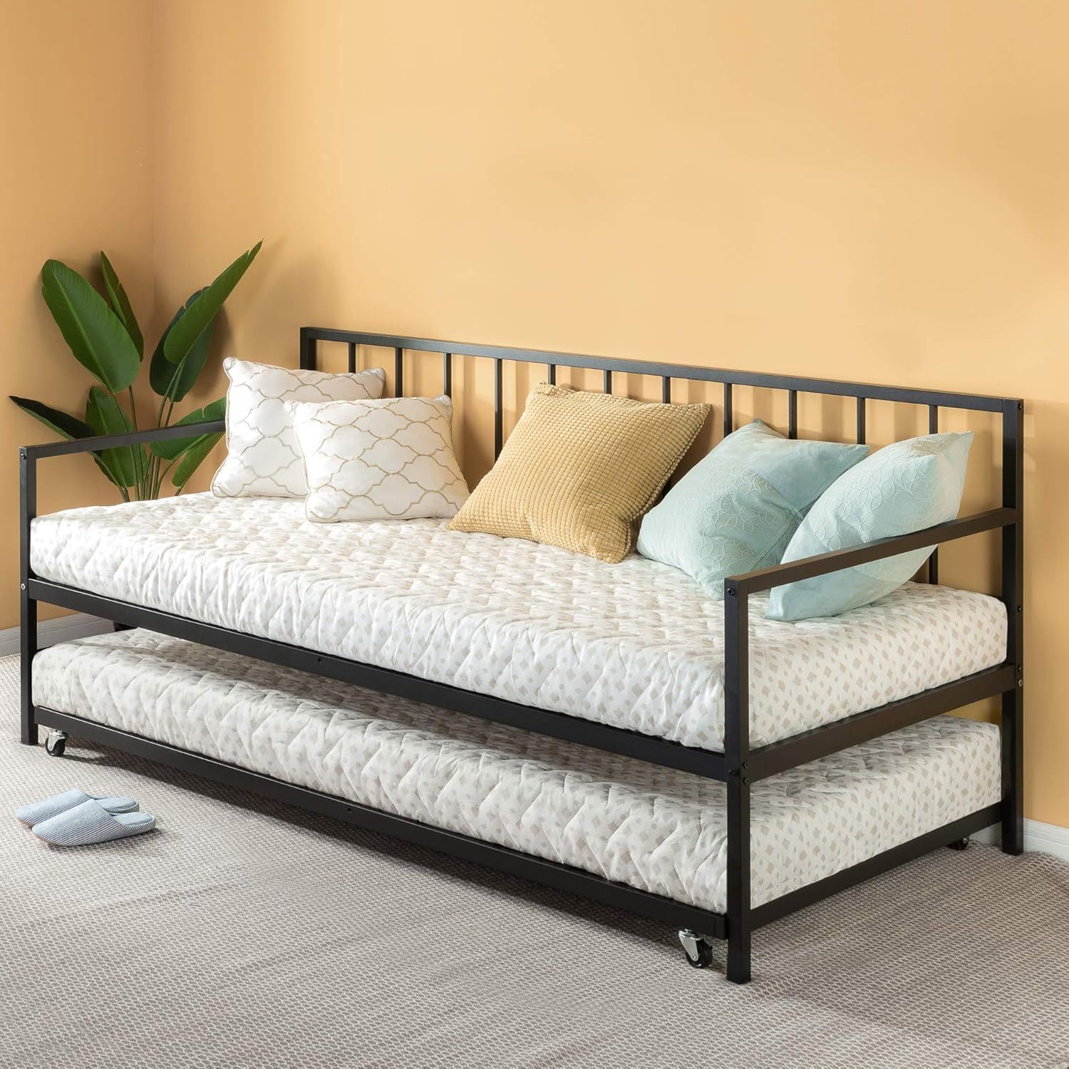 Black Metal Twin Daybed with Rollaway Trundle and Headboard