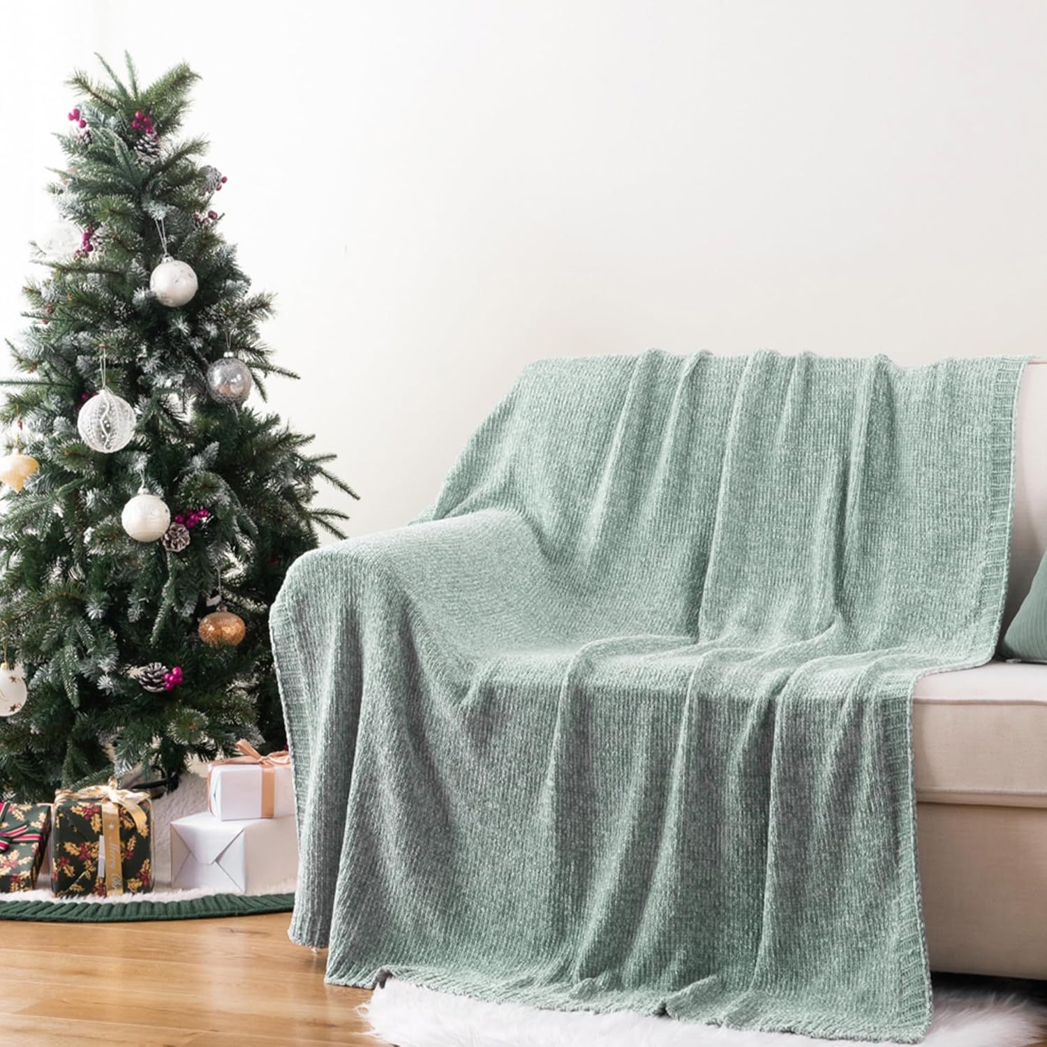 Sage Green Chenille Knit Throw Blanket for Couch, 51"x67"