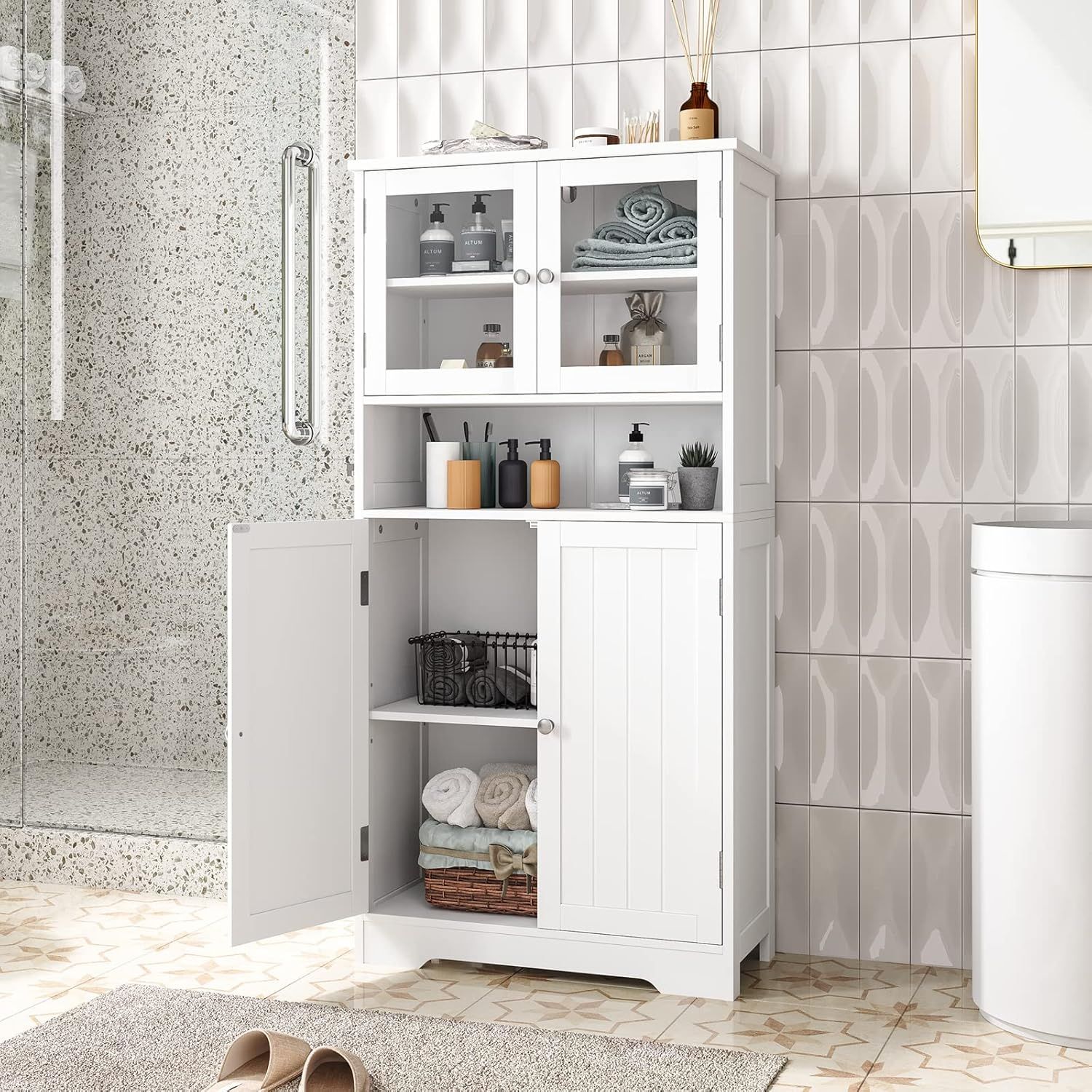 White MDF Bathroom Cabinet with Adjustable Shelving and Glass Doors