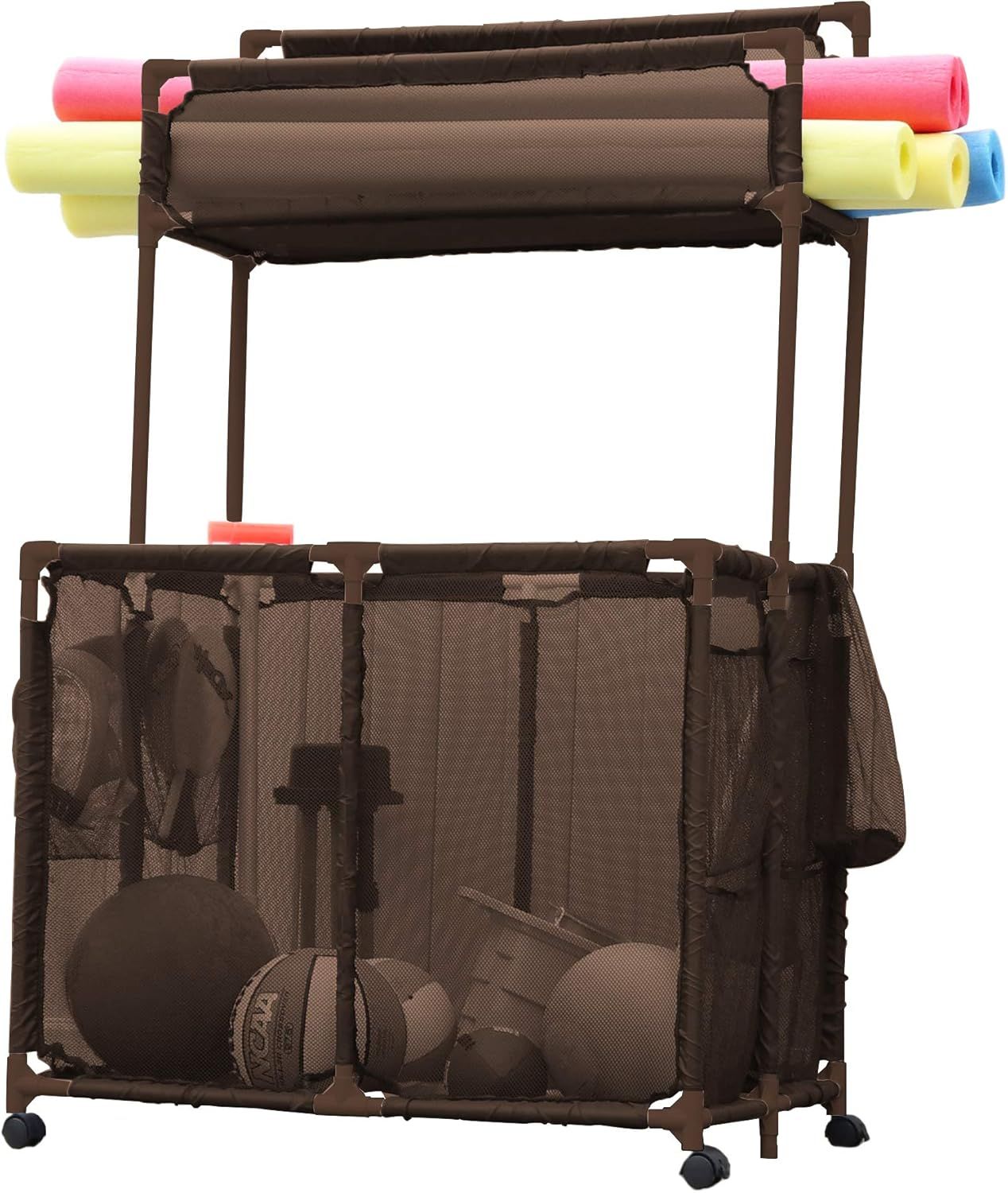 Large Brown PVC and Mesh Pool Storage Organizer with Noodle Holder