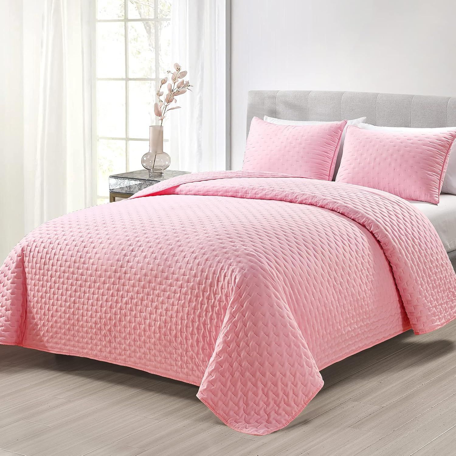 Blush Pink Twin Microfiber Reversible Quilt Set