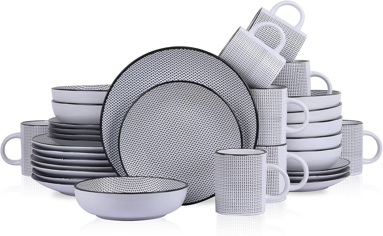 White and Black Ceramic 32-Piece Dinnerware Set for 8