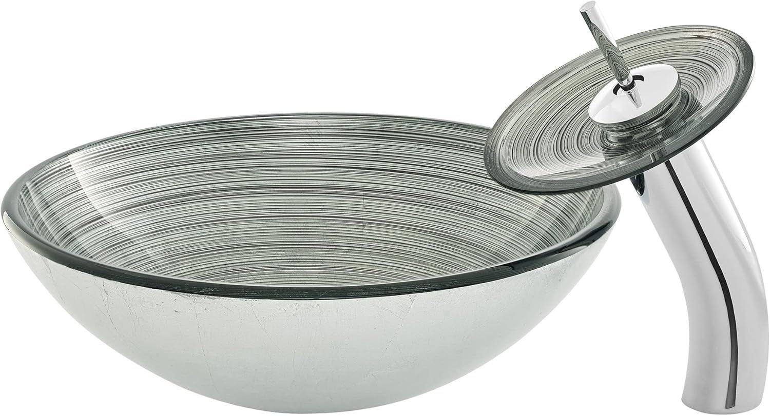 Cascade Smoky Grey 16.5" Glass Vessel Sink with Waterfall Faucet