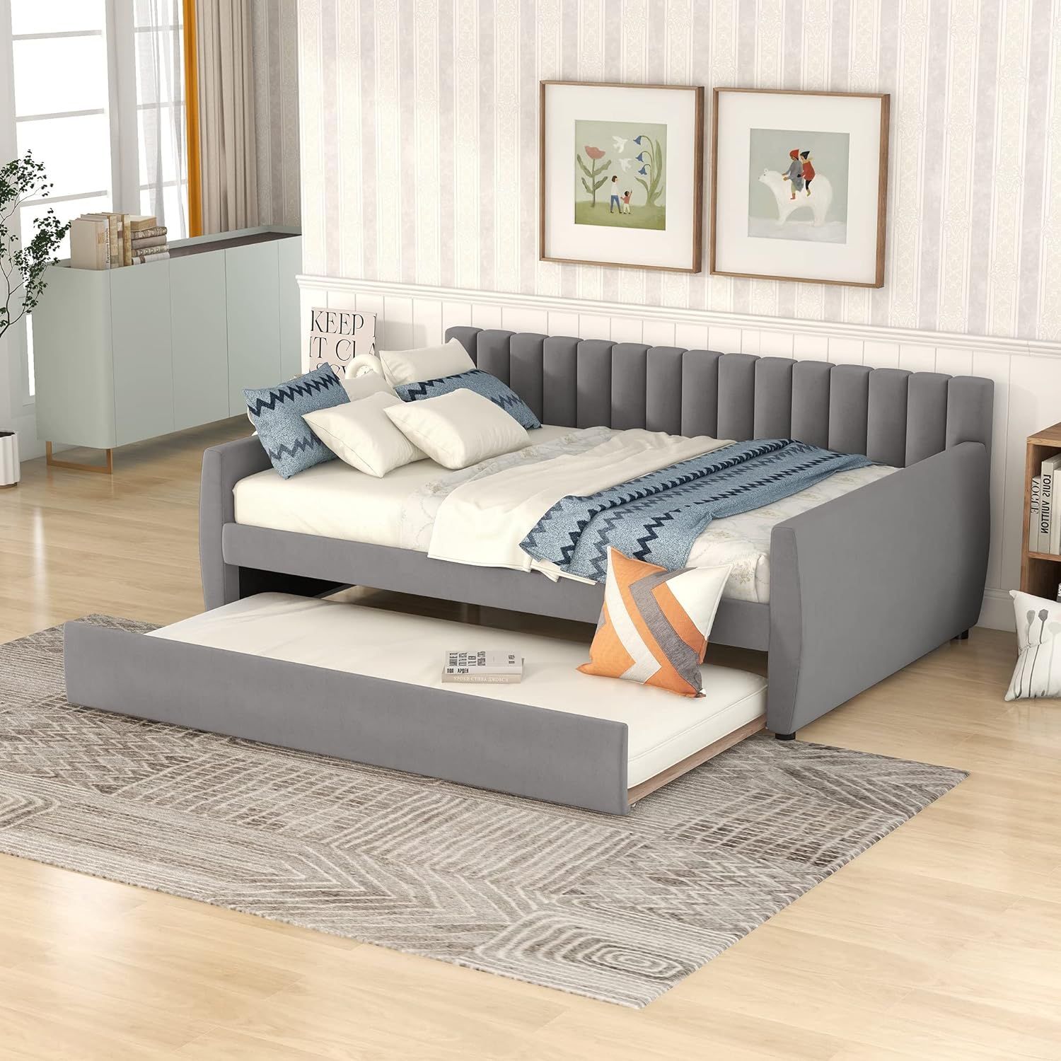 Gray Velvet Full Daybed with Trundle and Tufted Upholstery