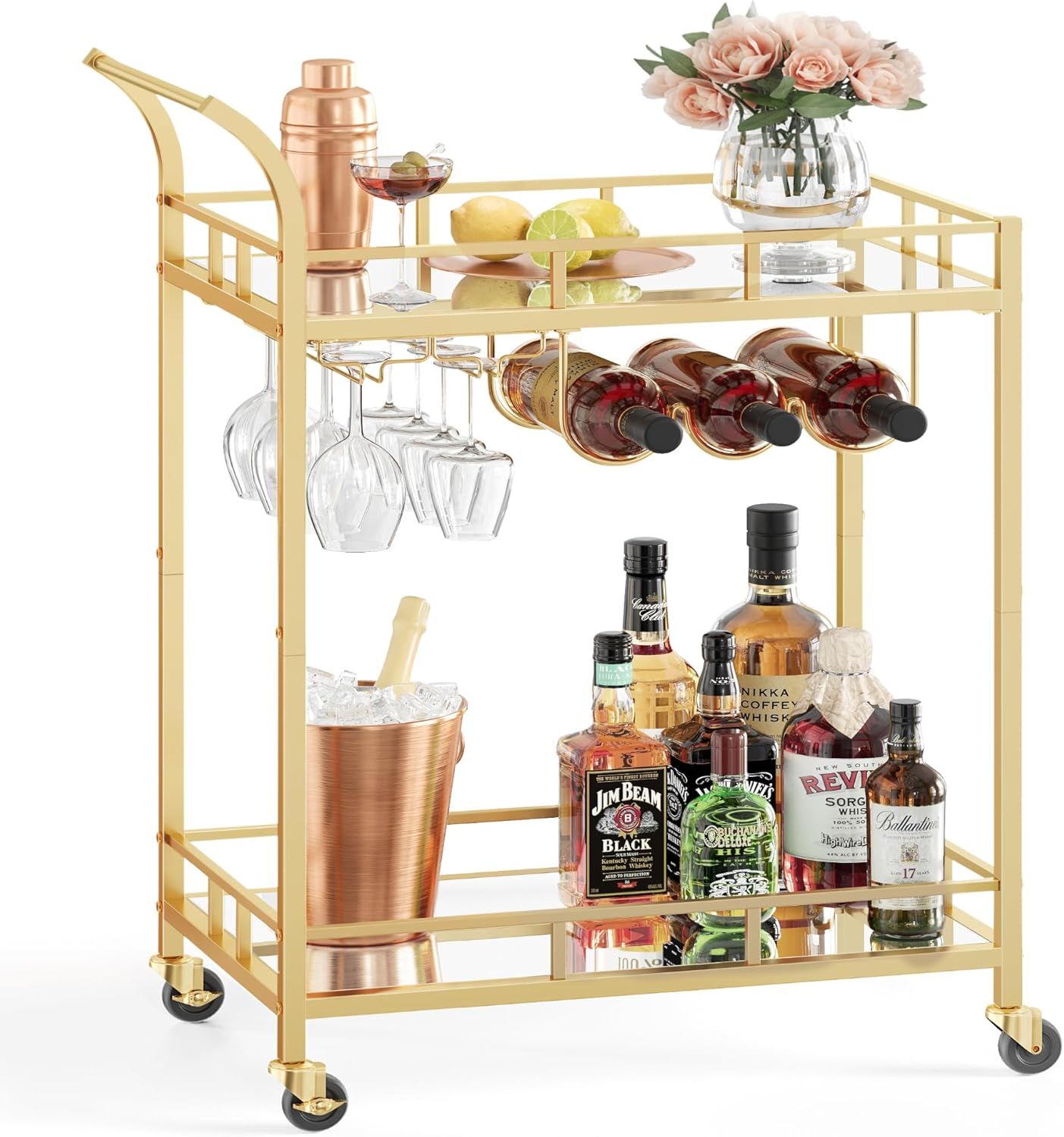 Gold Bar Cart with Mirrored Shelves and Storage