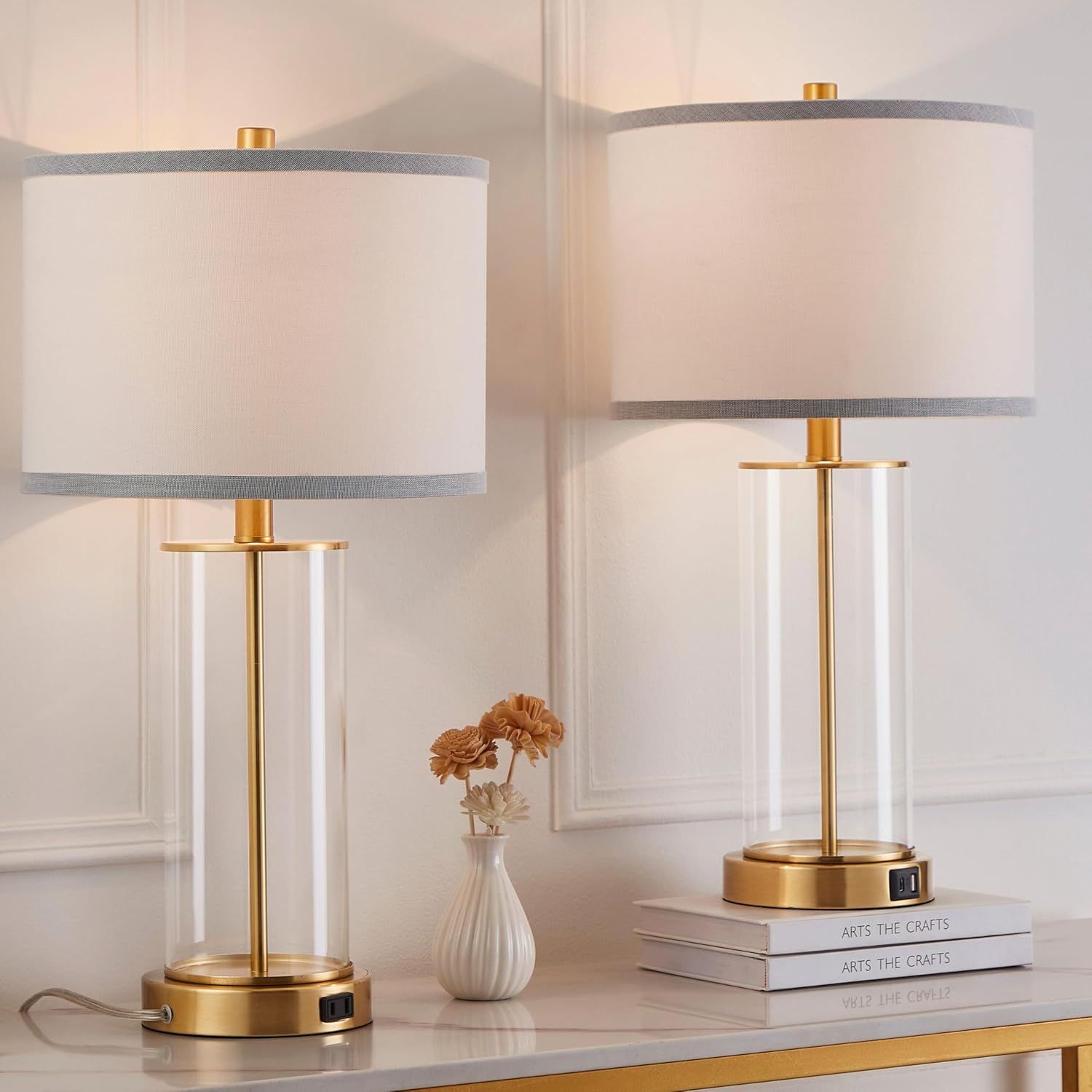 23.25" Clear Glass and Antiqued Brass Table Lamp Set with USB Ports