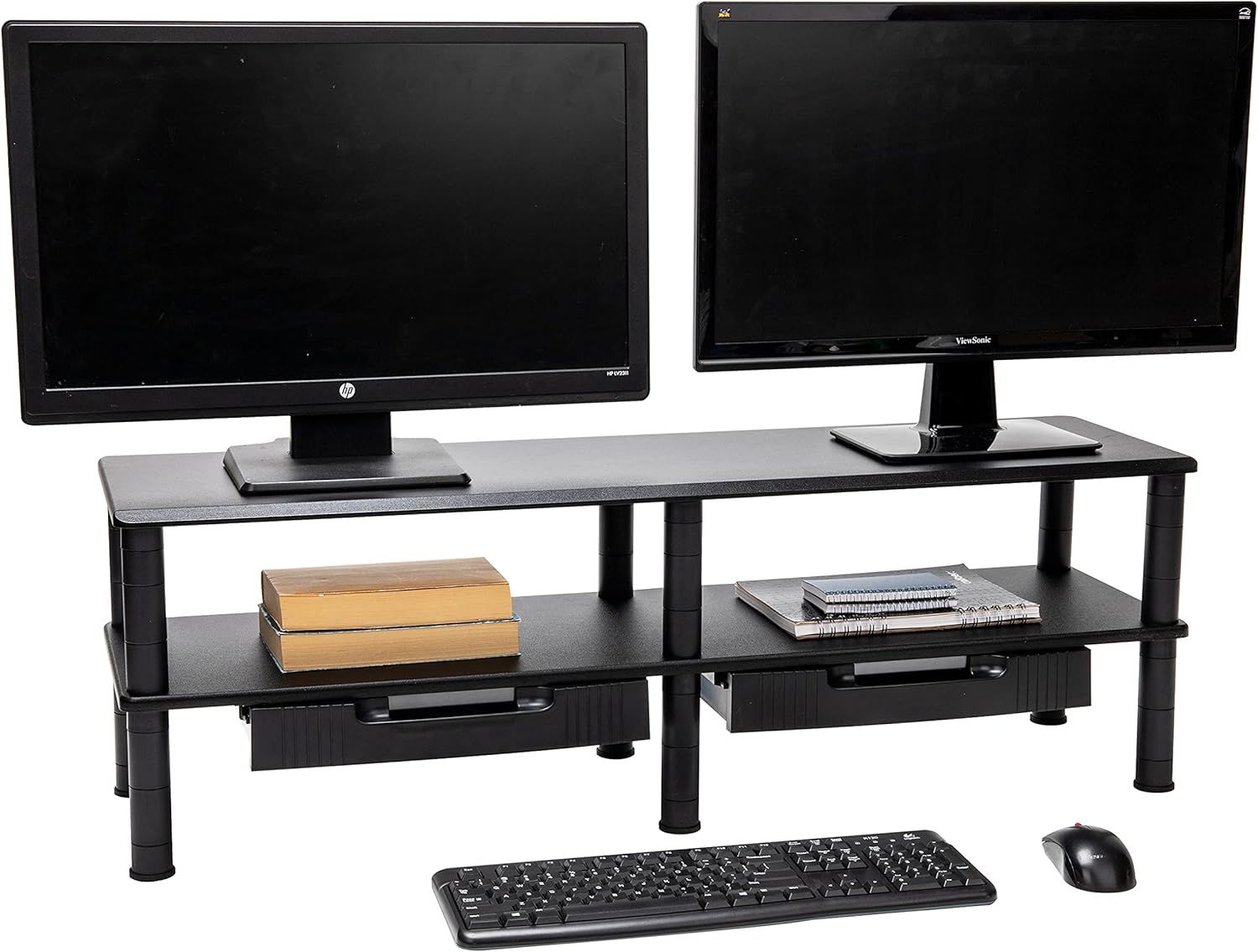 Black Dual Monitor Stand with Storage Shelves and Drawers