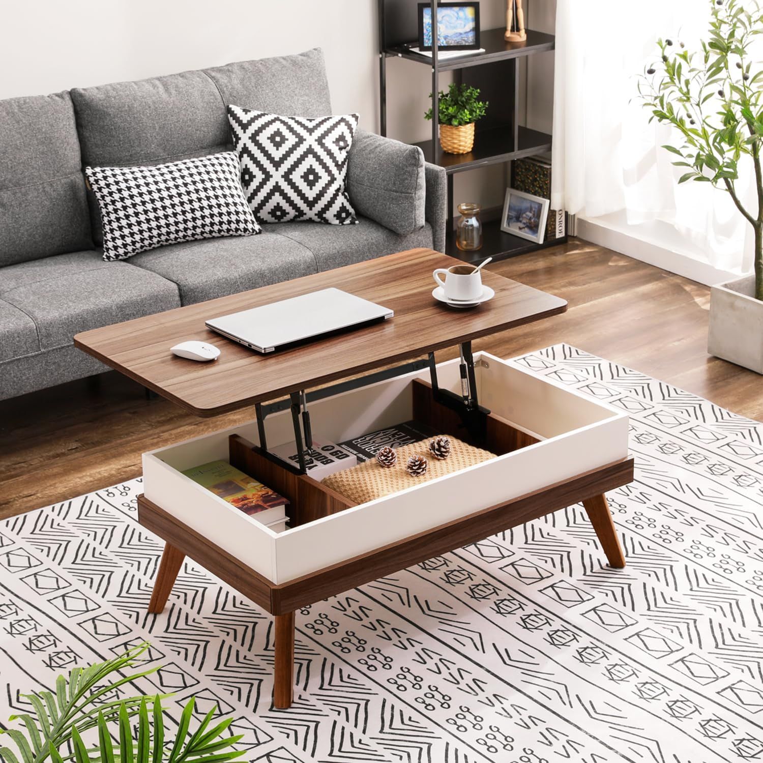 Walnut Lift-Top Rectangular Coffee Table with Hidden Storage