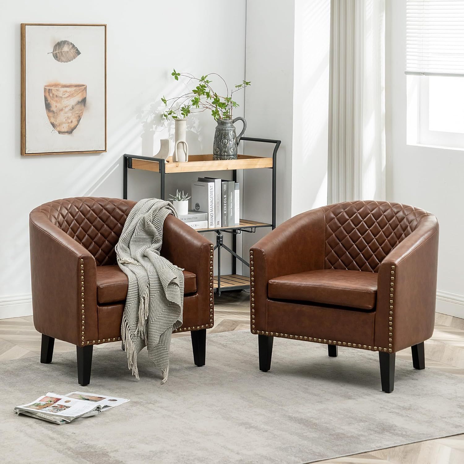 Brown Faux Leather Barrel Chairs with Nailhead Trim, Set of 2