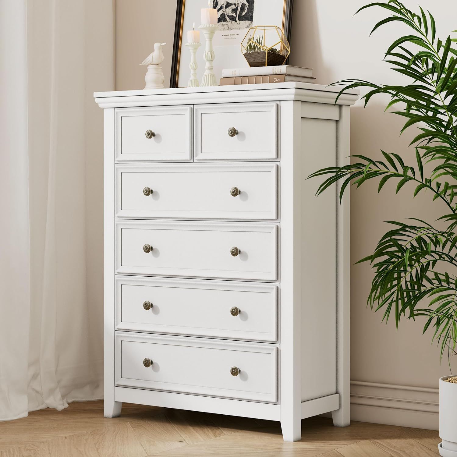 White Farmhouse 6-Drawer Tall Dresser with Metal Handles