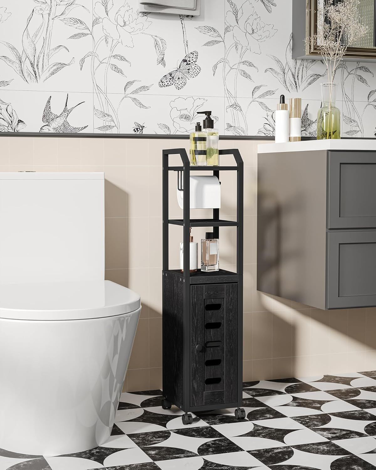 Black Compact Bathroom Storage Cabinet with Adjustable Shelf and Wheels