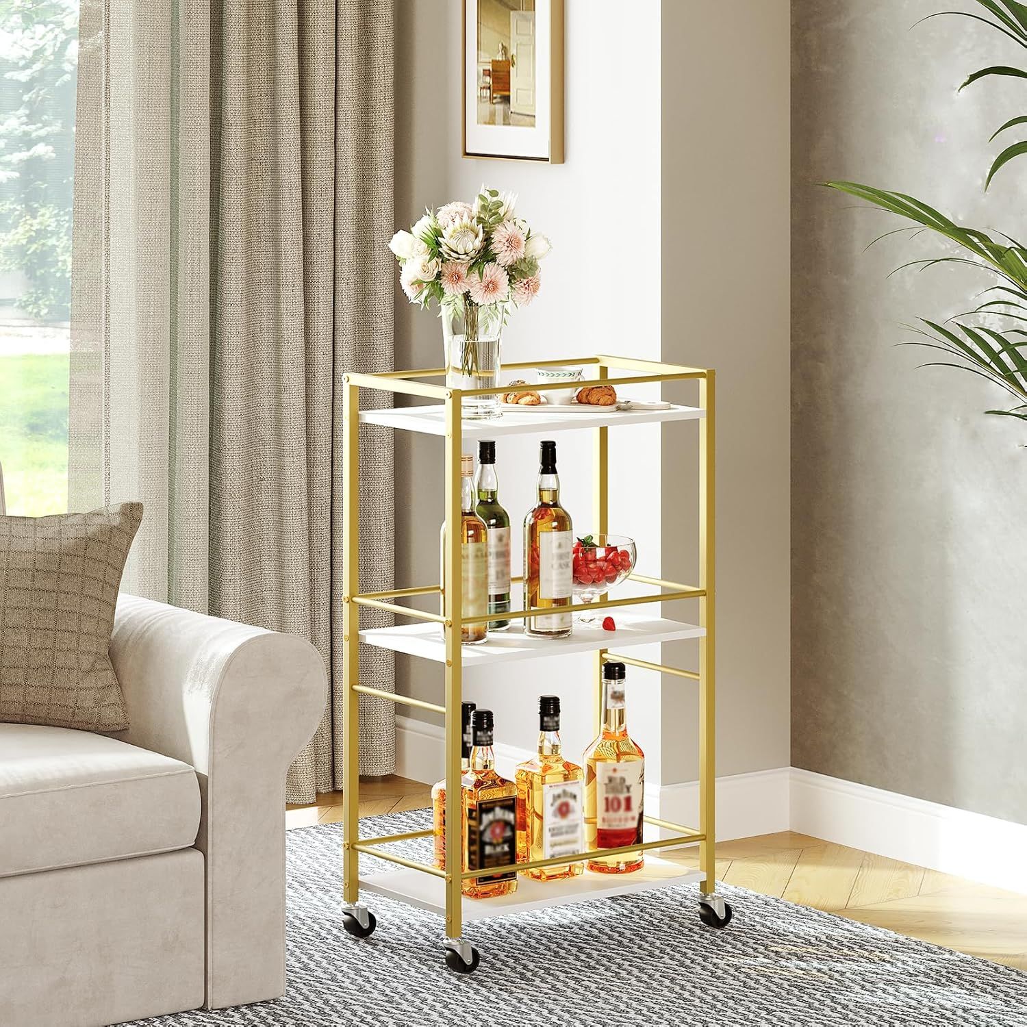 Gold and White Narrow Kitchen Cart with Storage