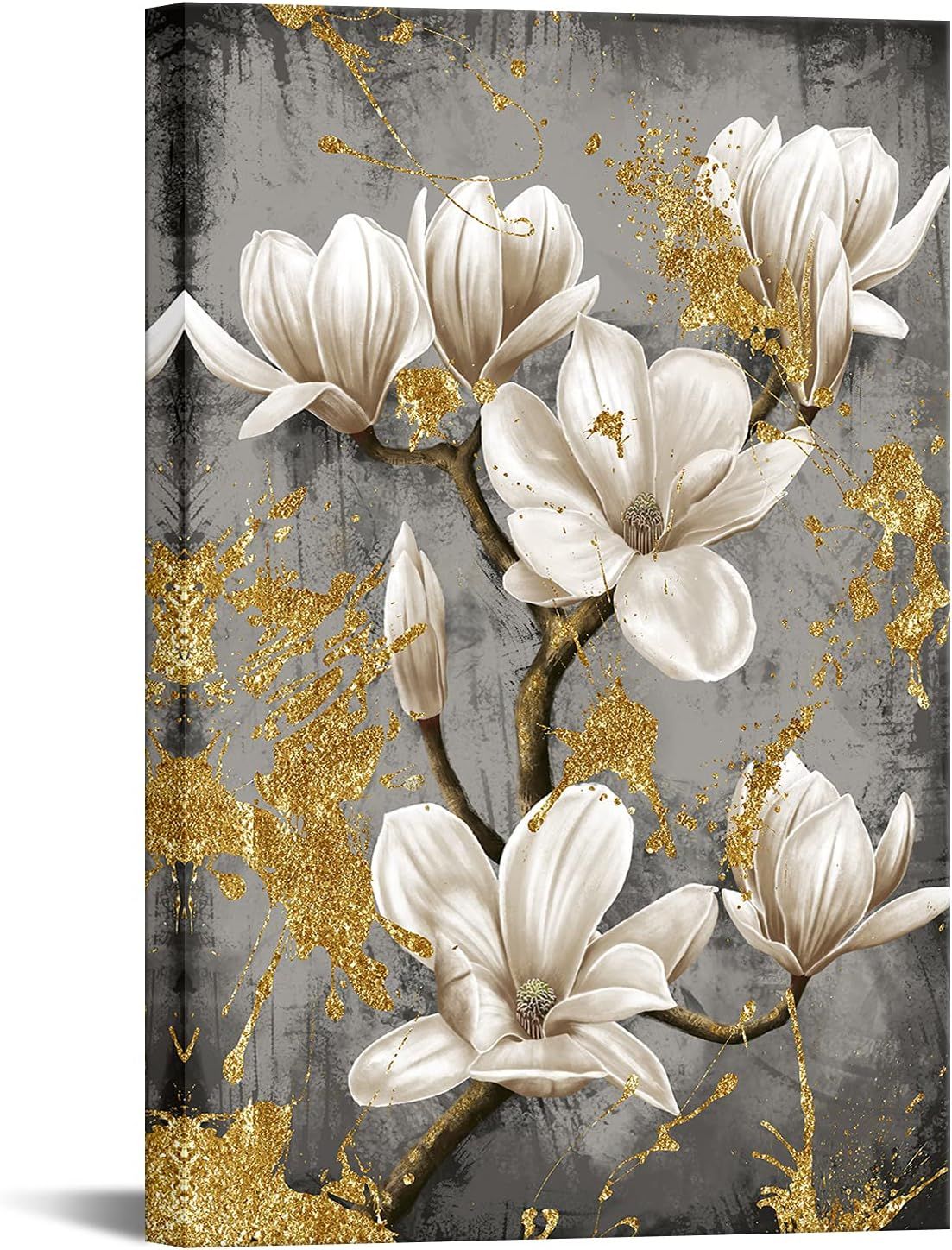 Elegant White Magnolia Canvas with Gold Accents 24"x36"