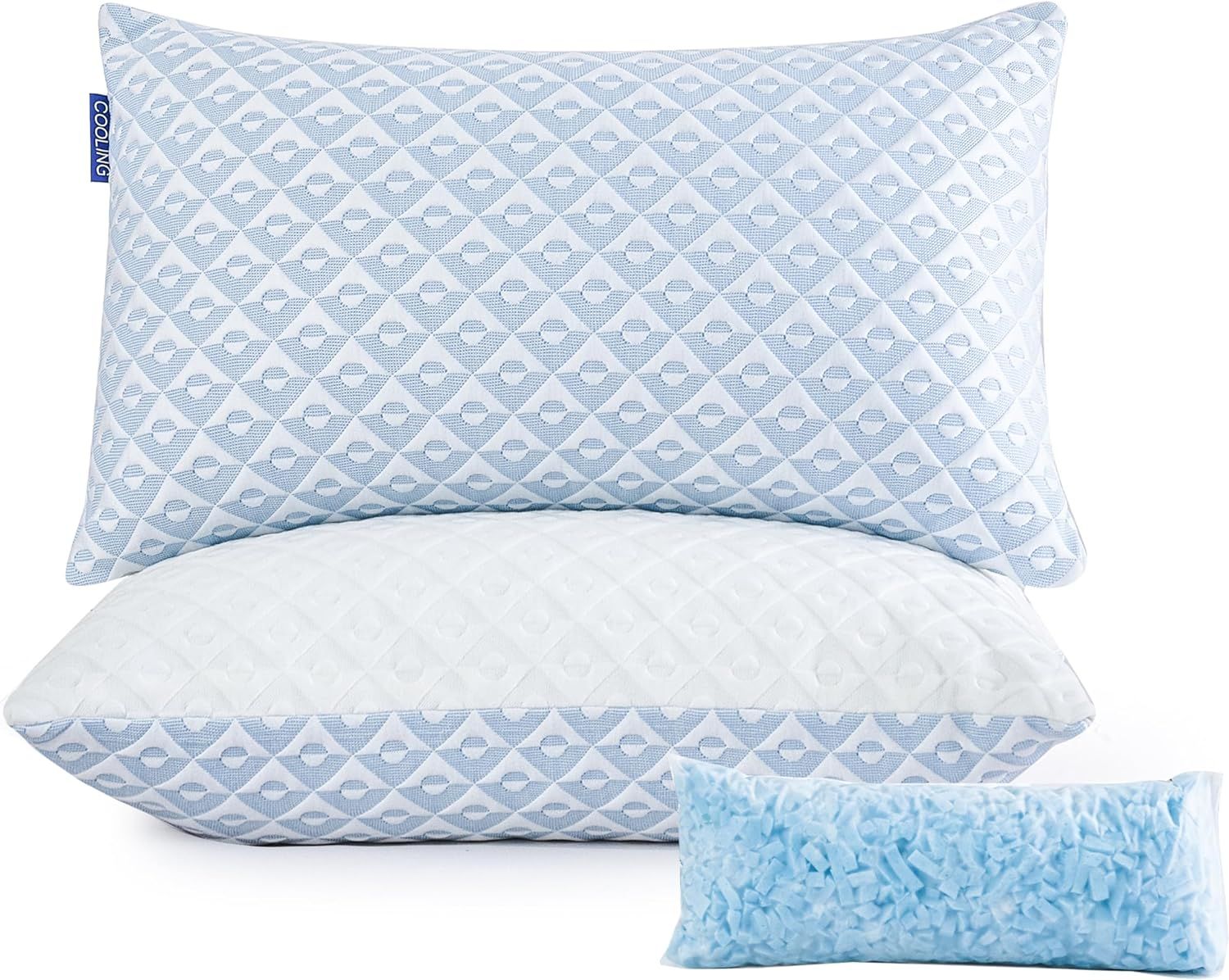 Queen Size Blue and White Gel Memory Foam Bed Pillow Set