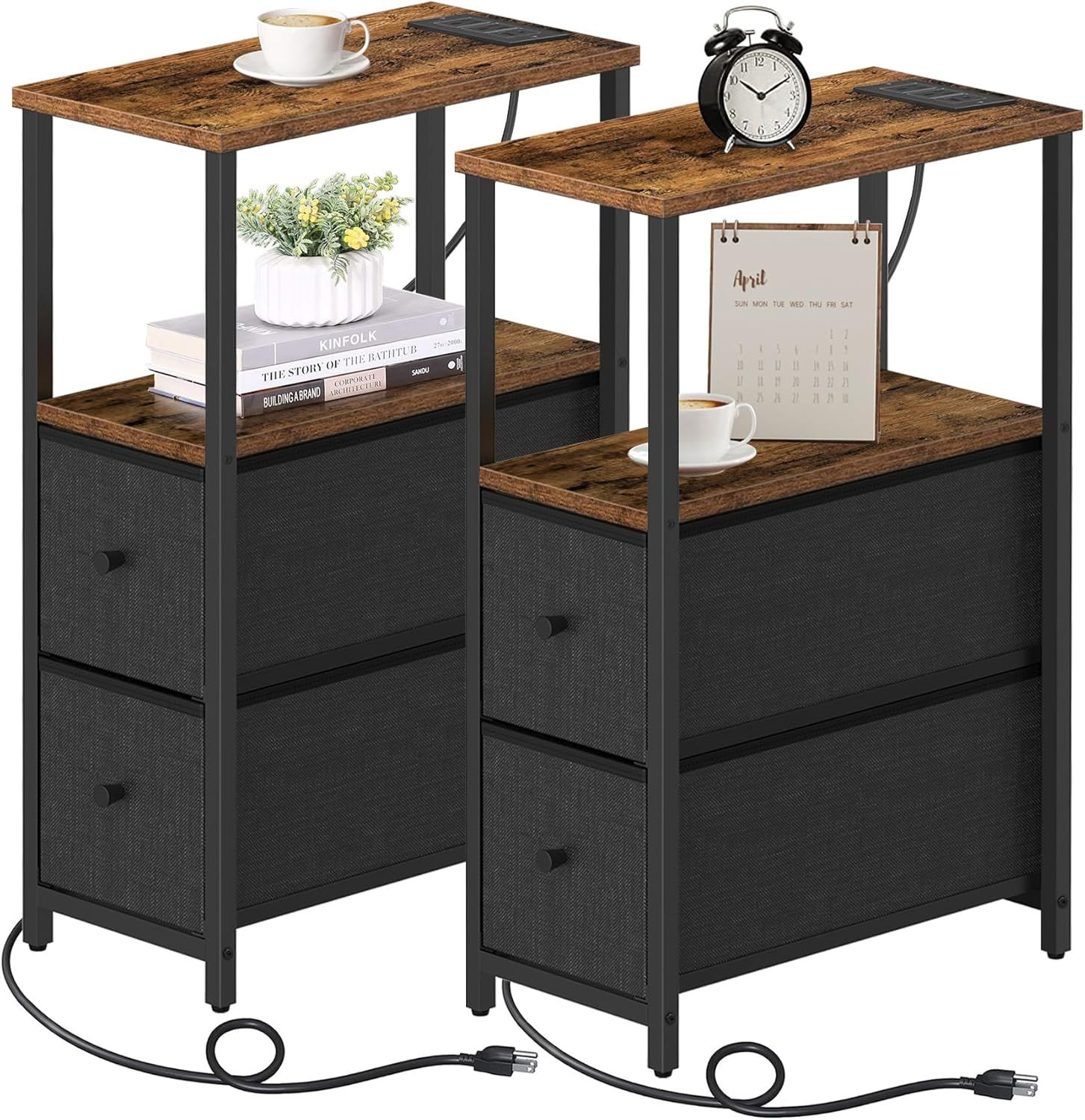 Brown and Black Narrow End Table Set with Charging Station