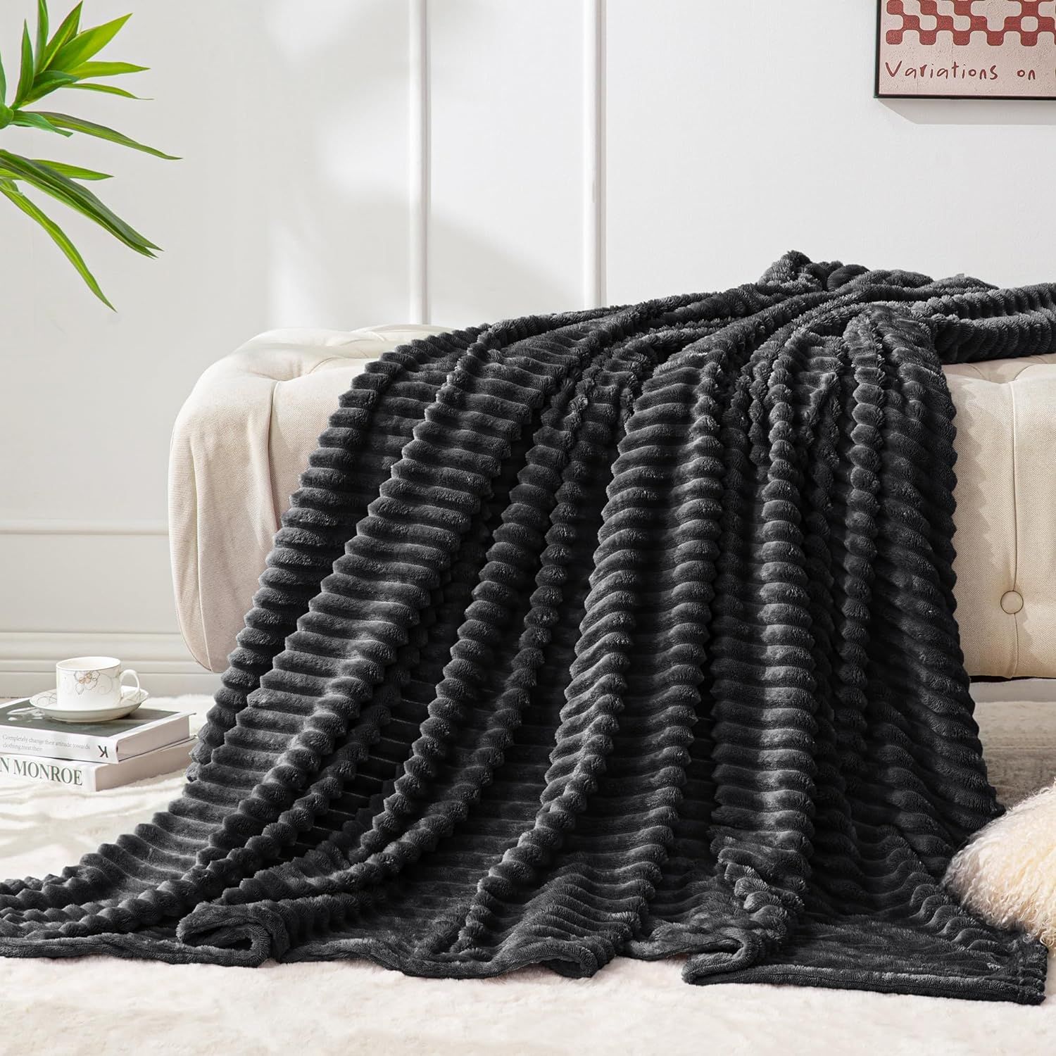 Black 3D Ribbed Jacquard Fleece Throw Blanket 50x60 inches