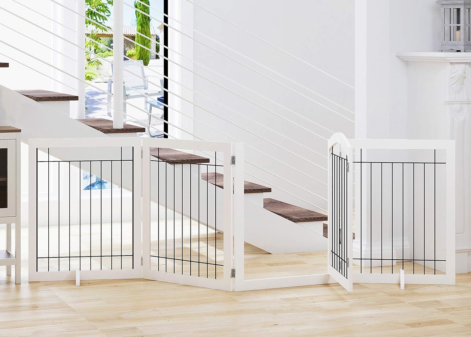 White Freestanding Solid Wood and Metal Pet Gate with Door