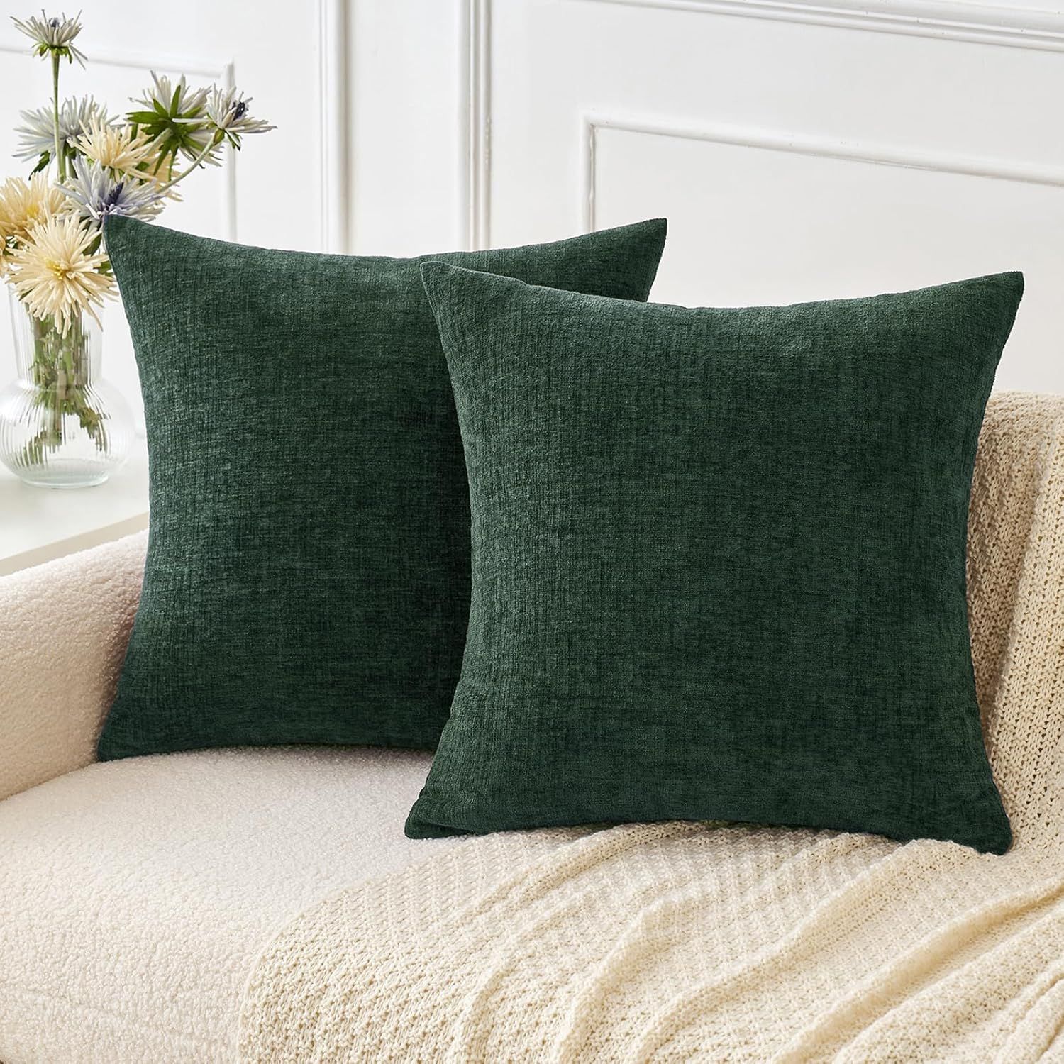 Green Chenille 18x18 Inch Decorative Pillow Covers, Pack of 2