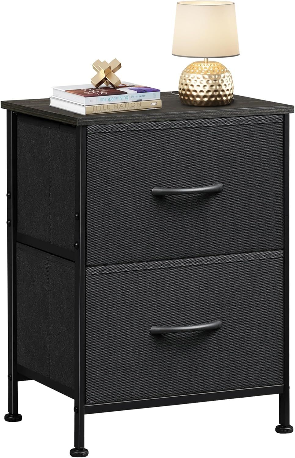 Black Fabric 2-Drawer Nightstand with Steel Frame