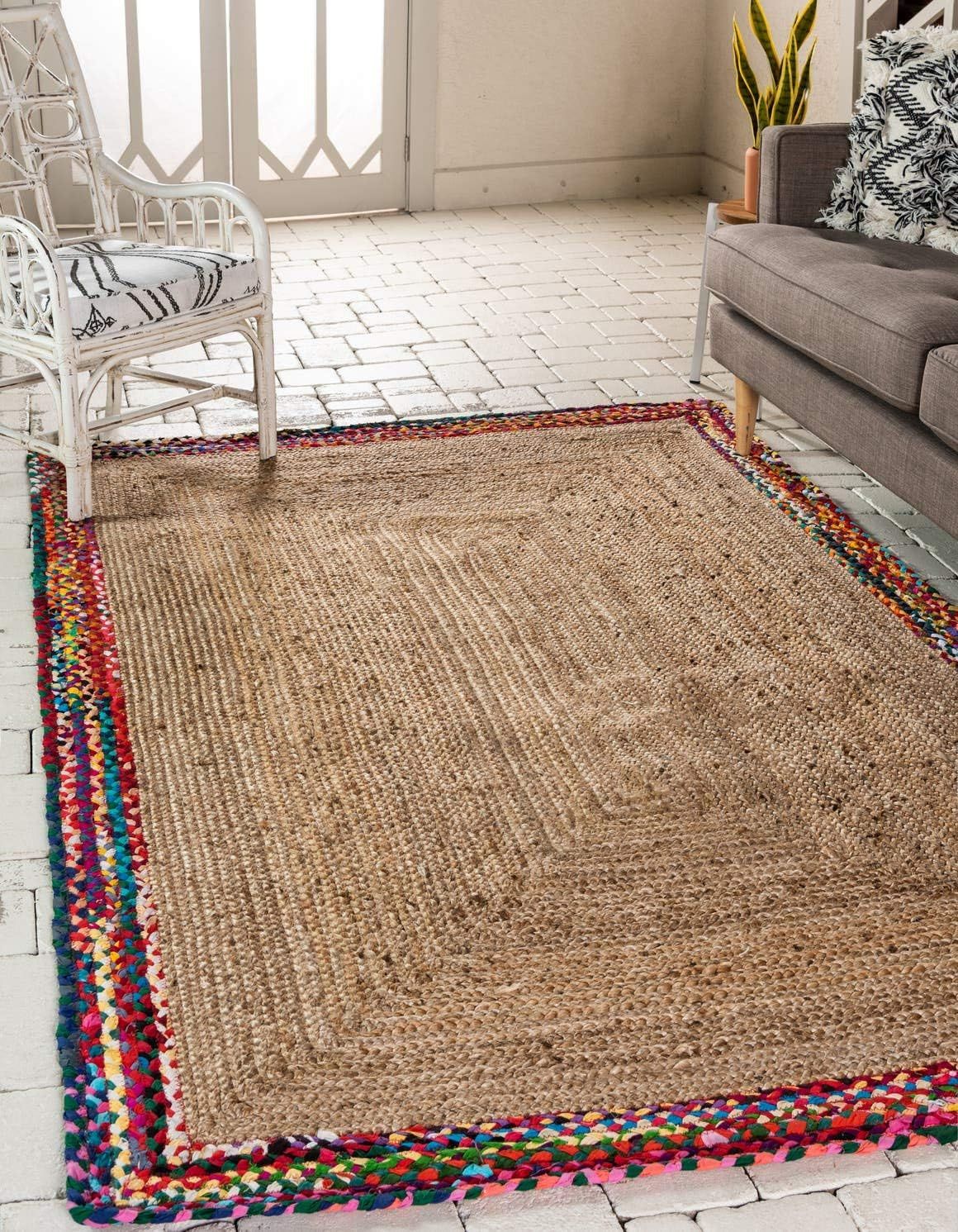 Hand-Braided Jute and Cotton Indoor Rug with Colorful Accents