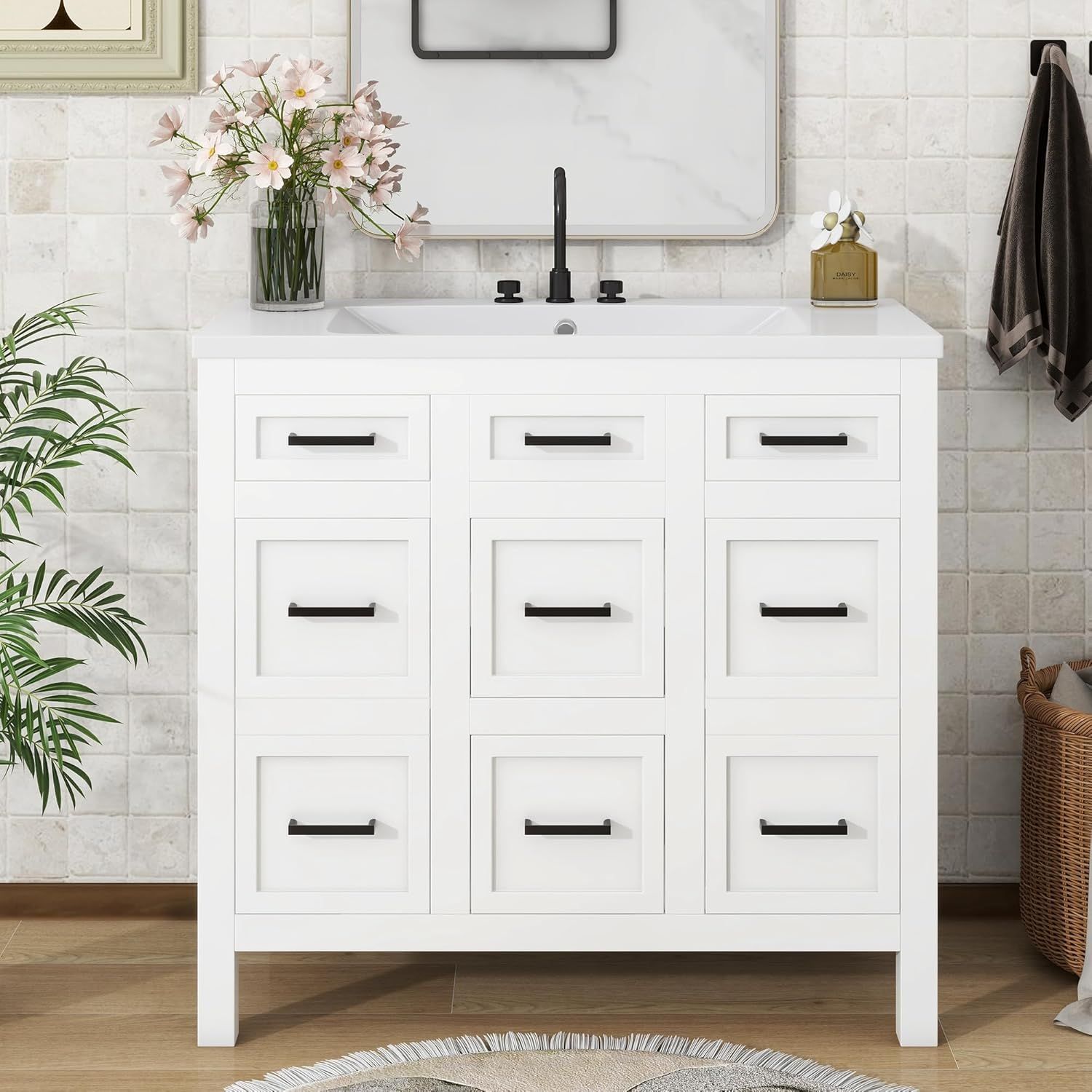 White Freestanding 36" Bathroom Vanity with Resin Sink and Storage