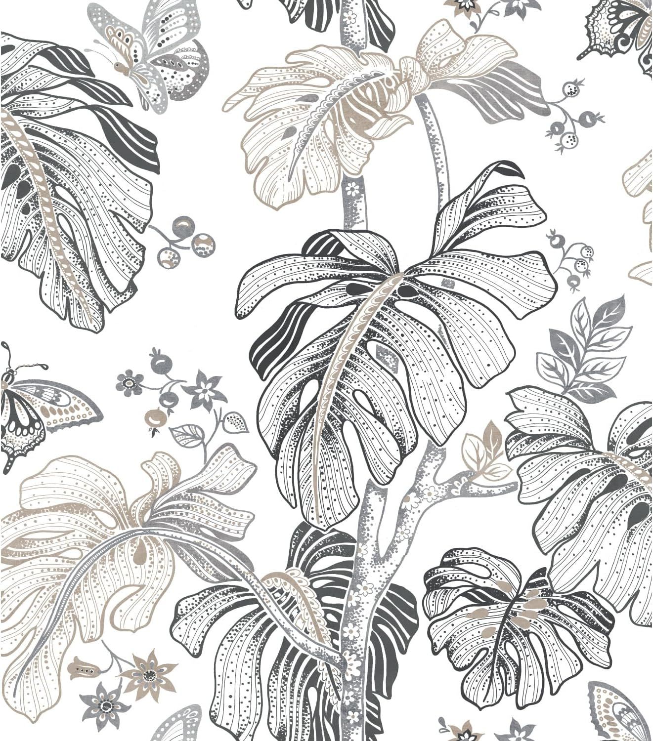 Grey and Beige Boho Palm Peel and Stick Wallpaper Roll