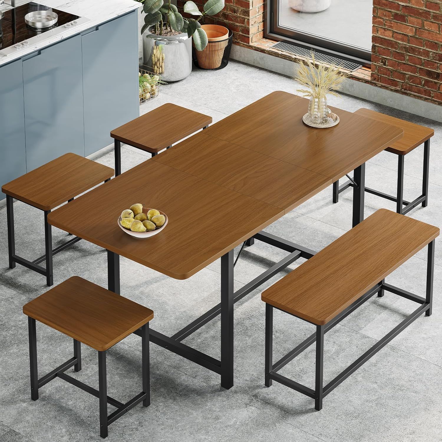 Walnut Extendable Dining Table Set with Bench and 4 Stools