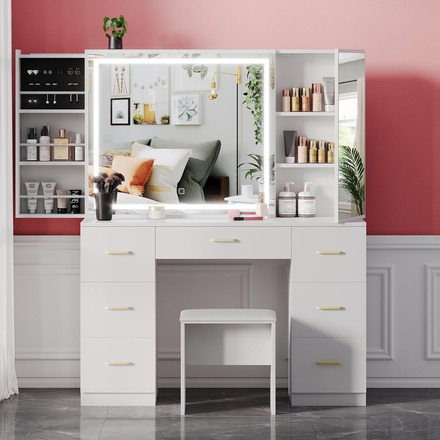 White Vanity Set with Lighted Mirror and Cushioned Stool