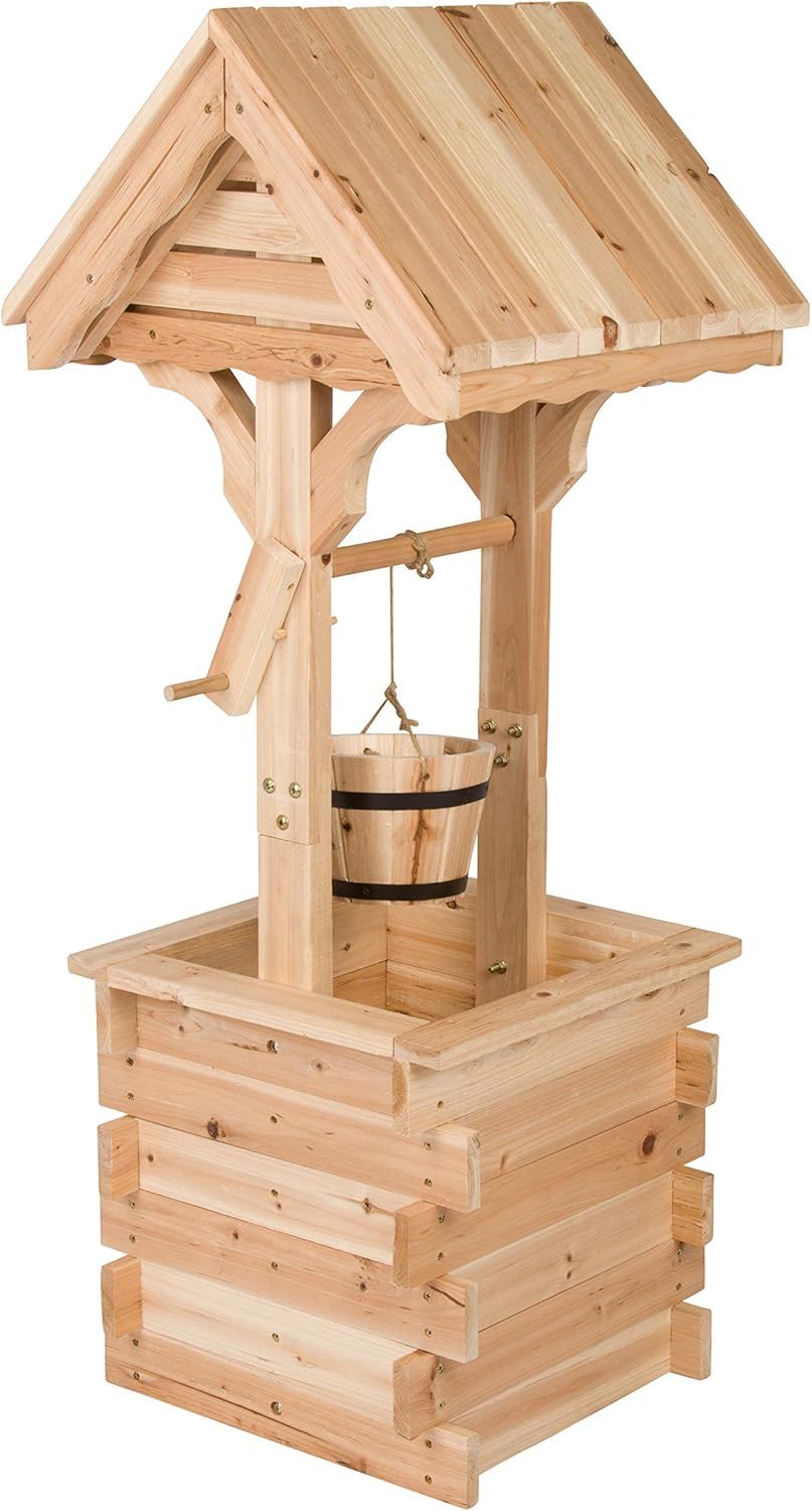 Natural Cedar Wood Outdoor Wishing Well Planter with Hanging Bucket