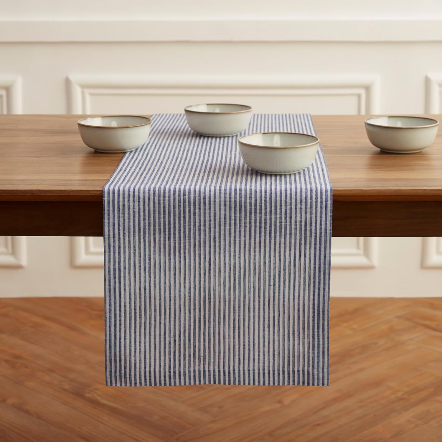 Navy and White Narrow Stripe Linen Table Runner 14 x 60 Inch