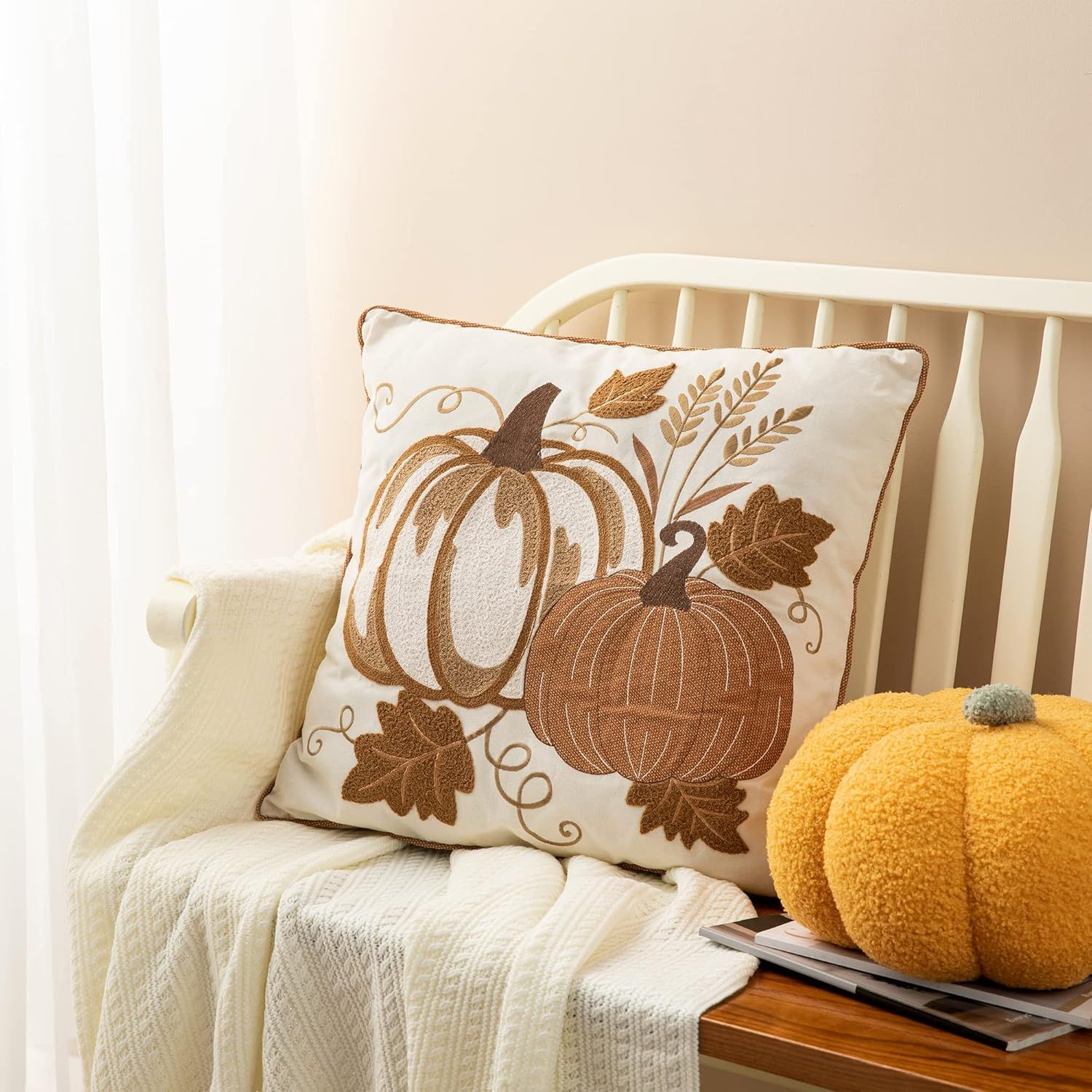 18x18 Beige Cotton Polyester Embroidered Pumpkin Throw Pillow