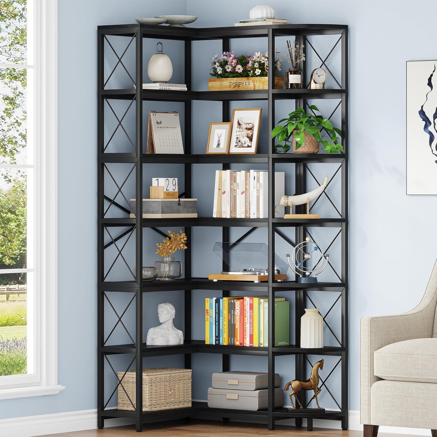 Black 7-Tier Adjustable Corner Bookshelf with Metal Frame