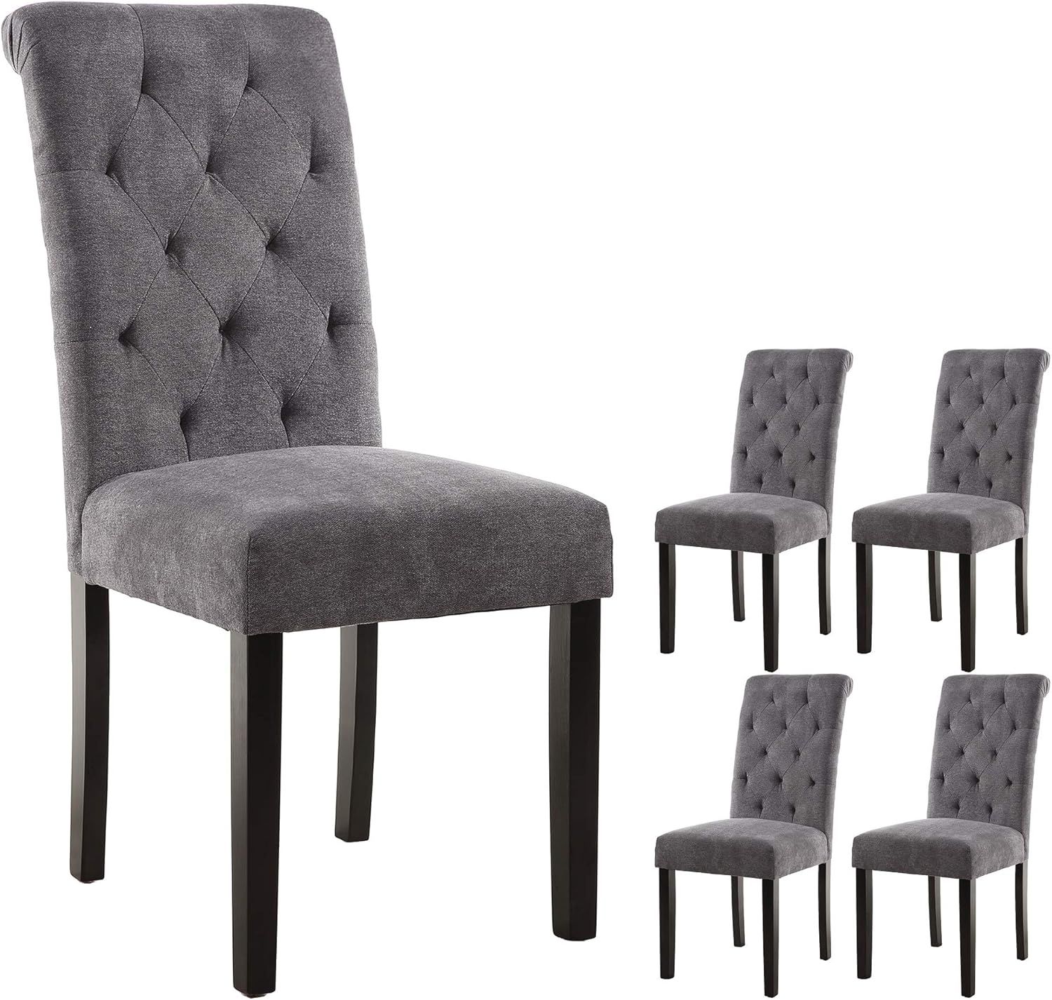 Gray Upholstered Tufted Dining Chairs with Wood Legs, Set of 4