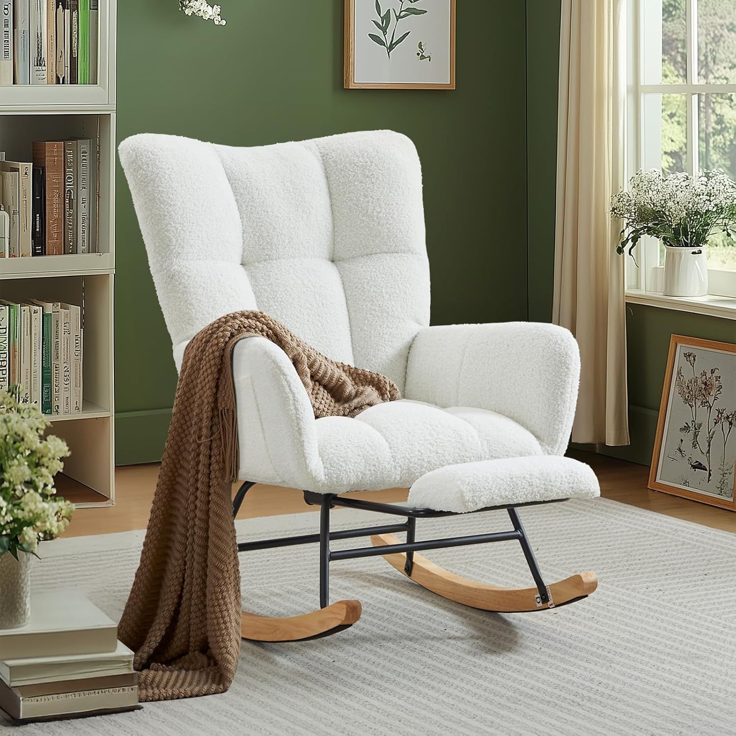 White Sherpa Upholstered Wingback Rocking Chair with Oak Legs