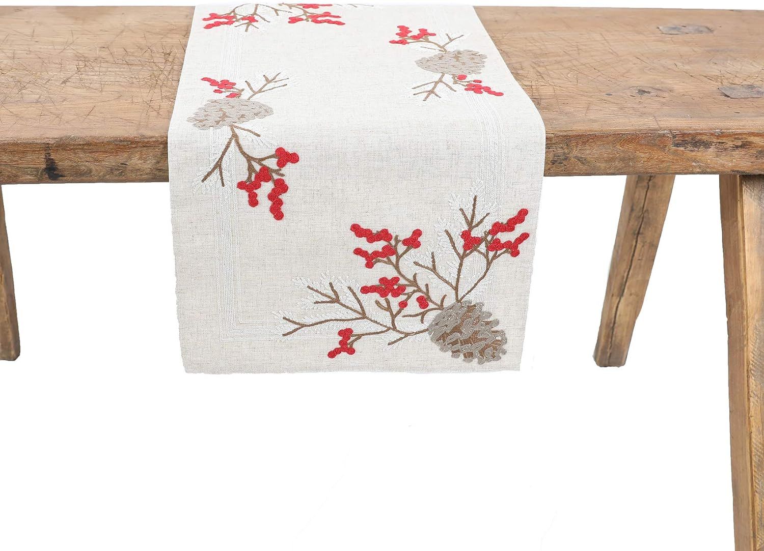 Scandinavian Christmas Pine Cone Embroidered Table Runner