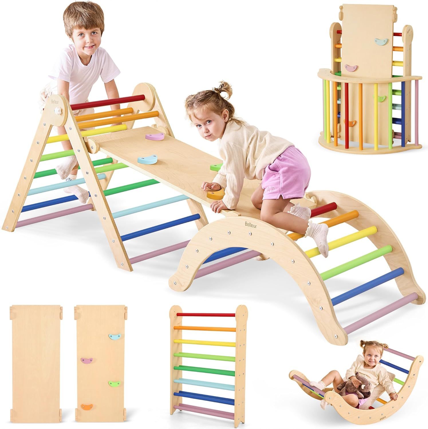 Colorful Foldable 7-in-1 Wood Pikler Triangle Set with Slide