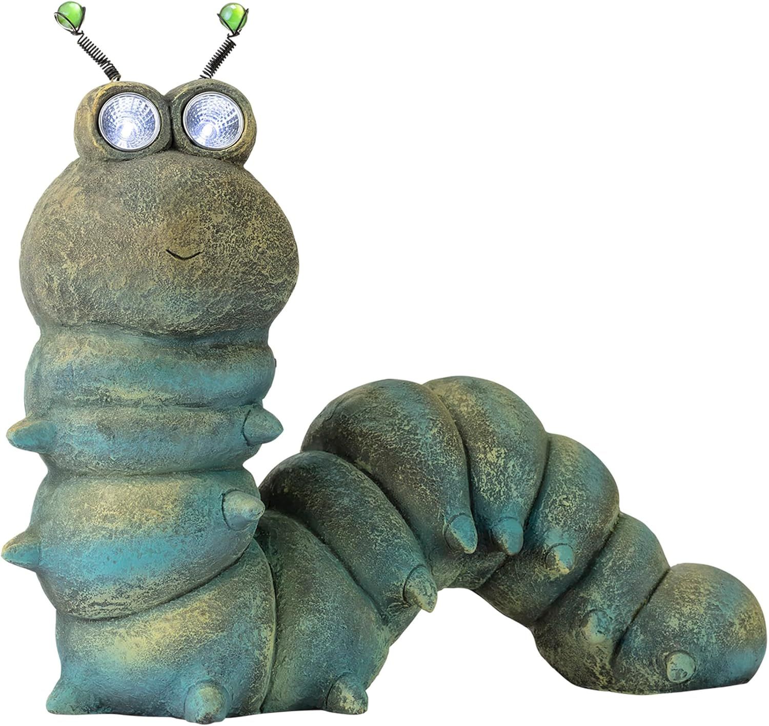 16-inch Green Solar-Powered Caterpillar Garden Statue with LED Eyes