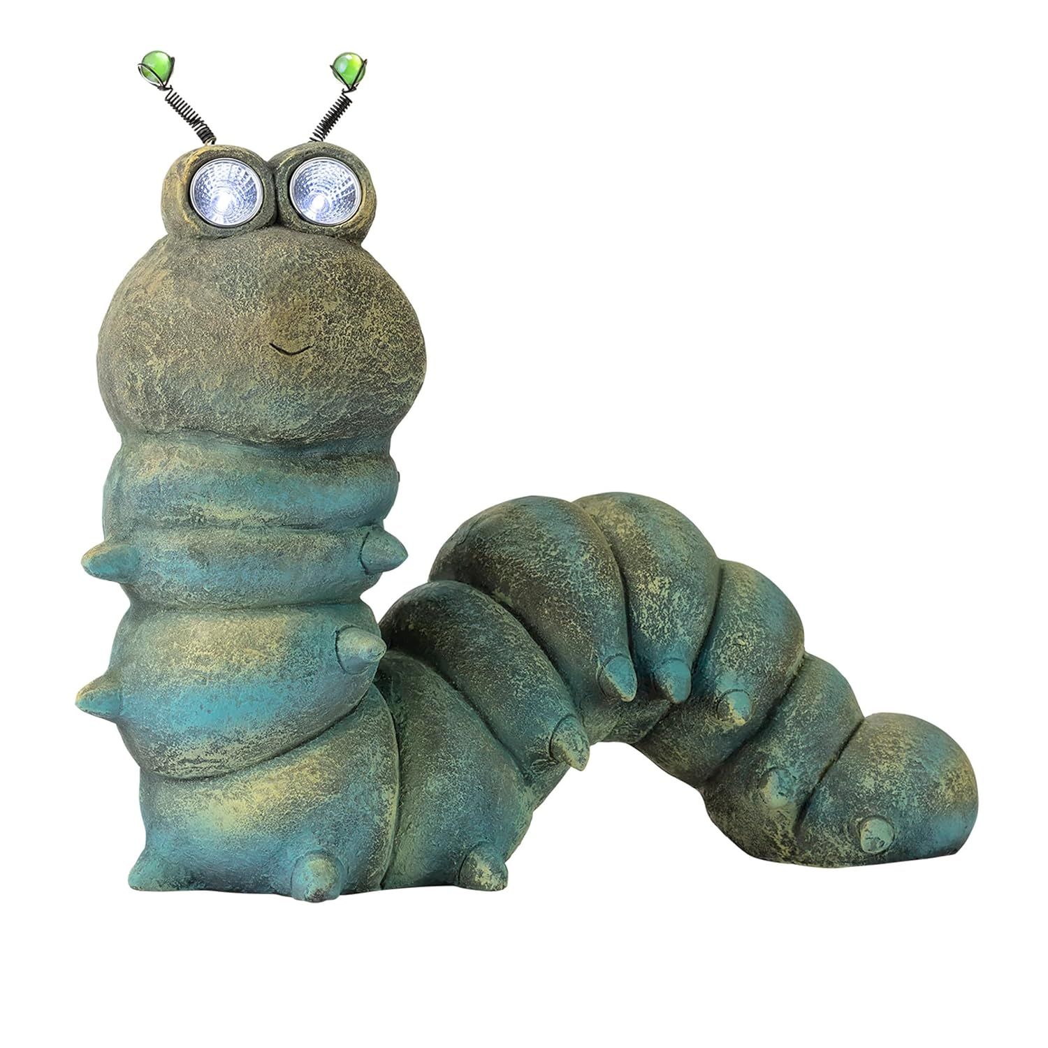16-inch Green Solar-Powered Caterpillar Garden Statue with LED Eyes