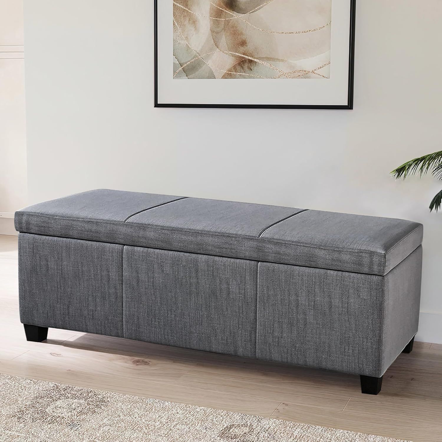 Gray Linen Storage Ottoman Bench with Rubber Wood Legs