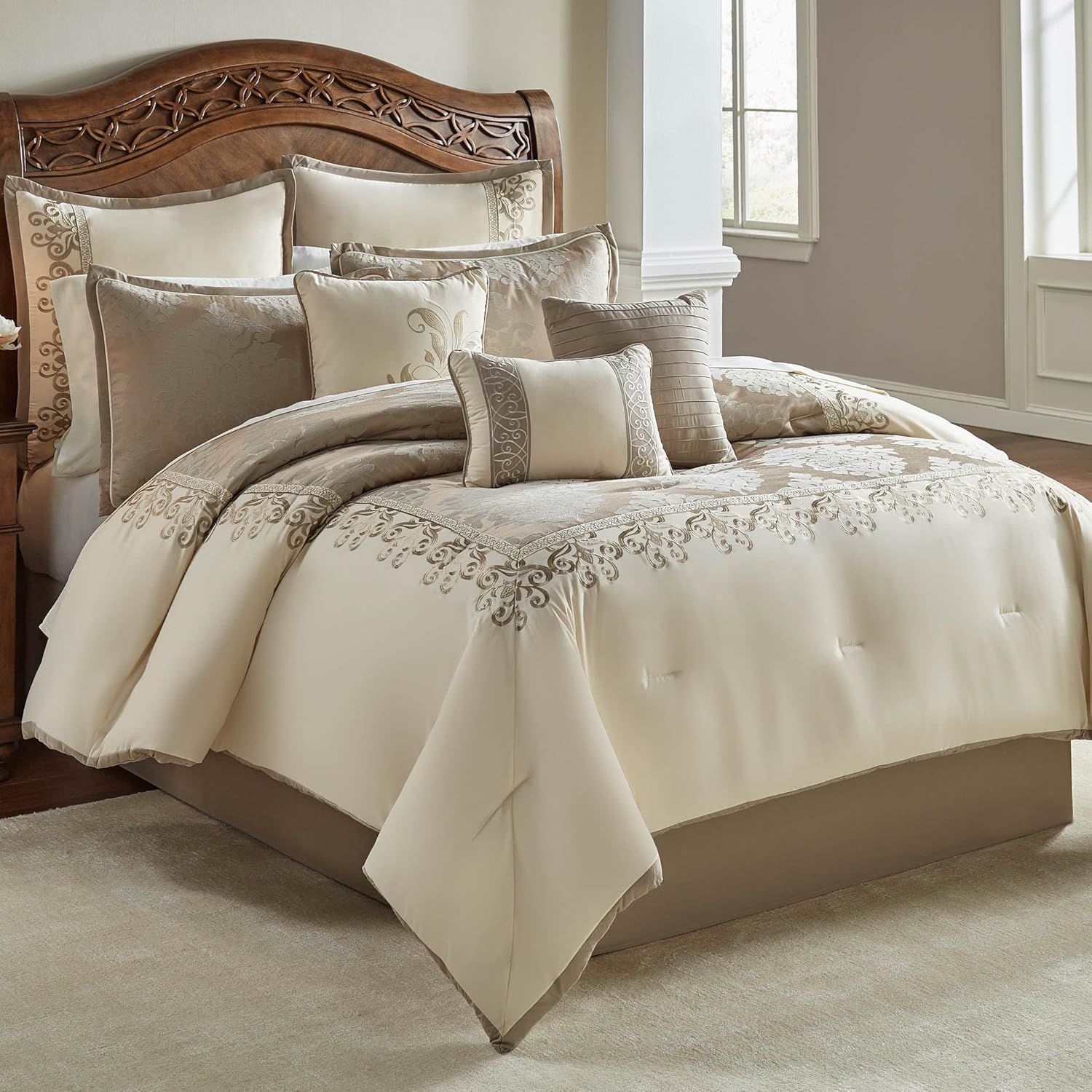 Ivory and Gold Damask King Comforter Set with Decorative Pillows