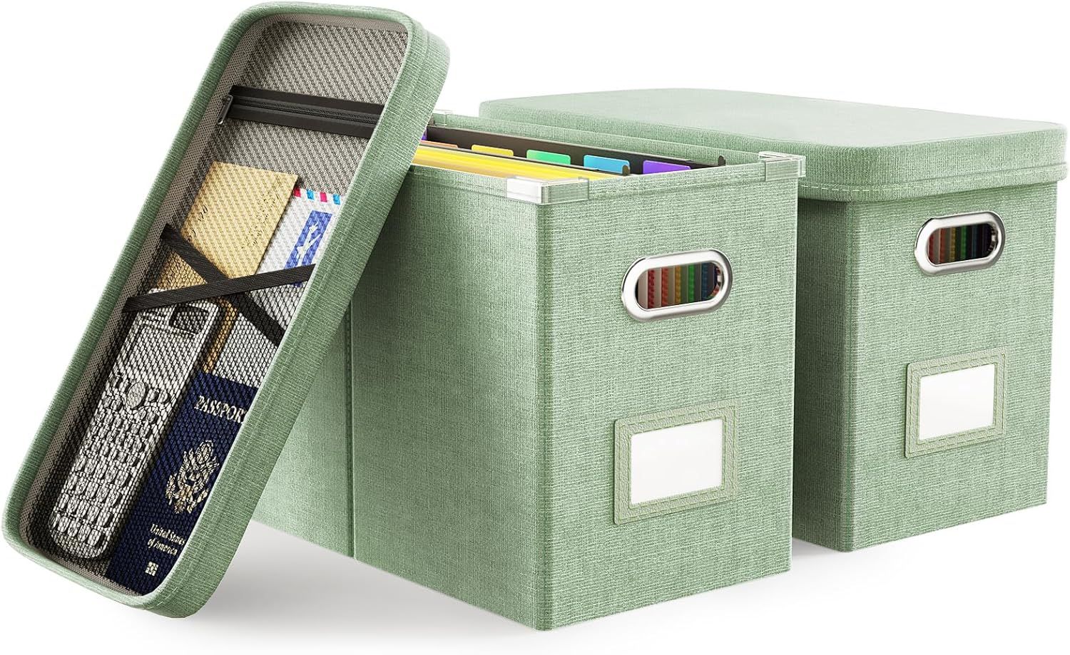 Green Linen Collapsible File Organizer Box with Mesh Pocket