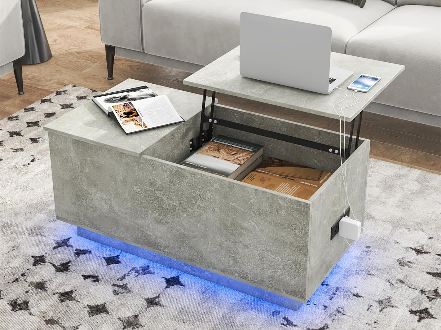 Grey Lift-Top Coffee Table with LED Lights and Storage