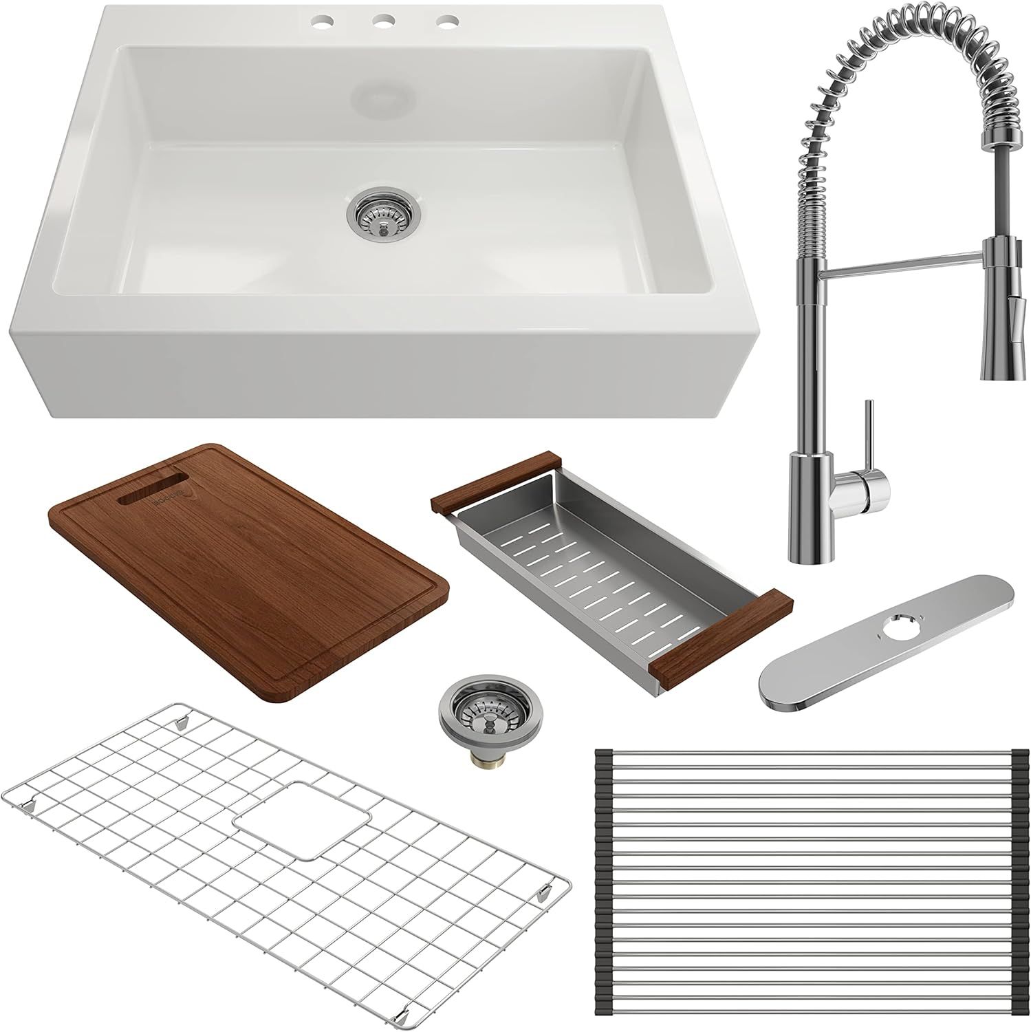 White Fireclay Single Bowl Farmhouse Drop-In Sink with Chrome Faucet