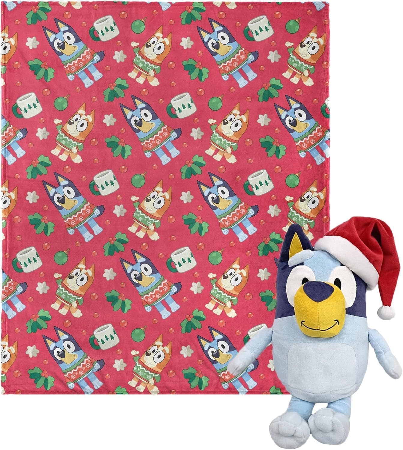 Bluey Festive Sweaters 40" x 50" Silk Touch Throw Blanket and Character Pillow Set