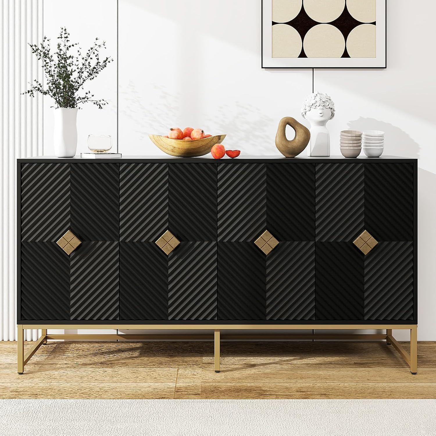 Black Wood 4-Door Sideboard with Gold Metal Legs