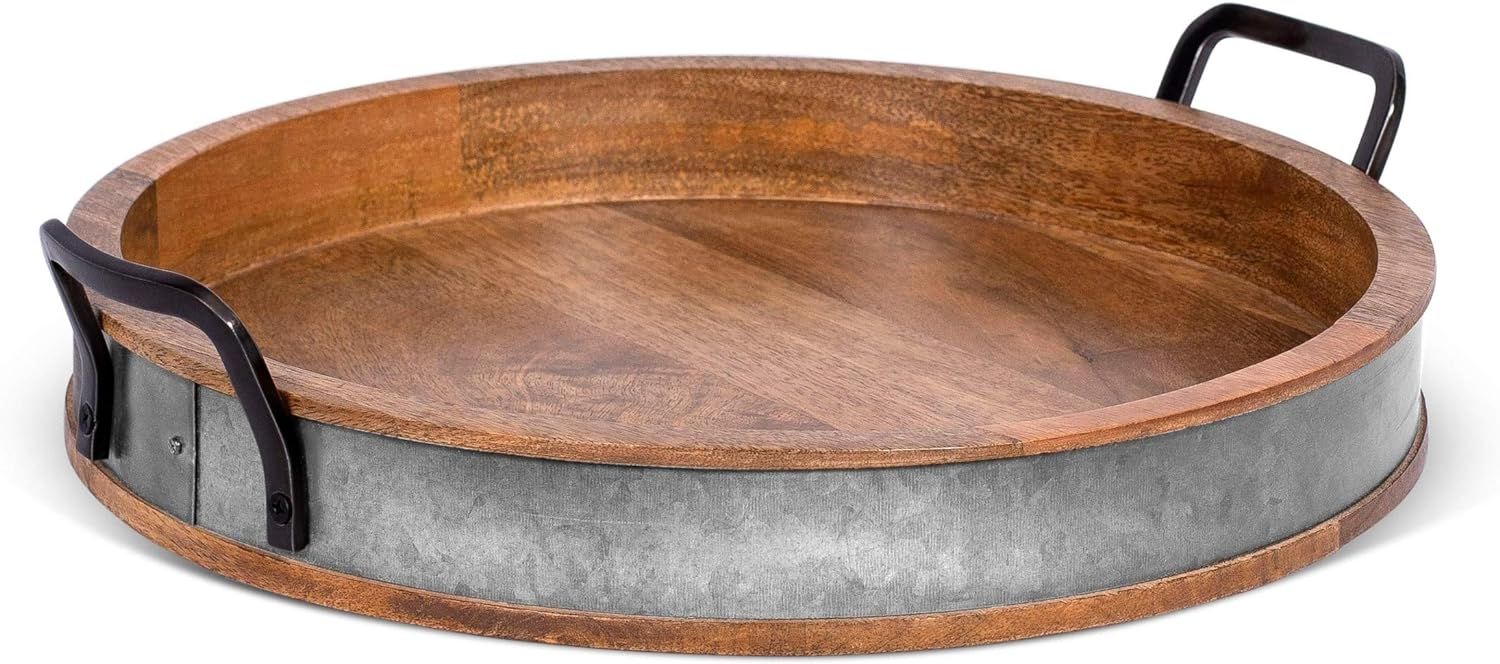 Large Round Wooden Breakfast Tray with Iron Handles