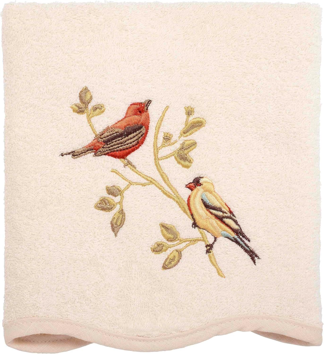 Ivory Cotton Hand Towel with Embroidered Songbirds