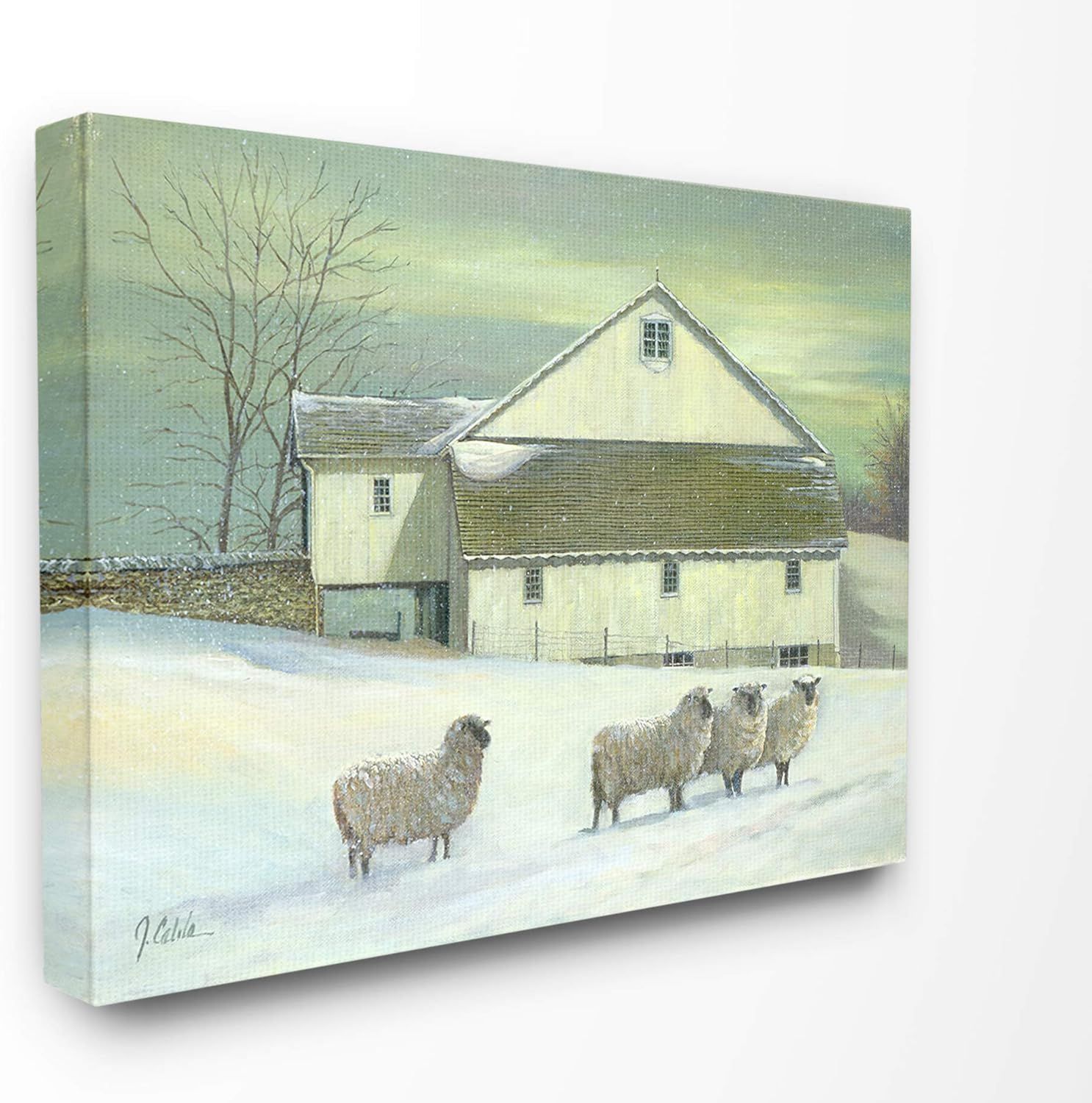 Green Toned Farmhouse with Sheep Canvas Wall Art